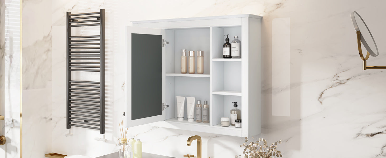 35'' X 27.5'' Medicine Cabinet, Wall Mounted Bathroom Storage Cabinet, Modern Bathroom Wall Cabinet With Mirror, Mirror Cabinet With 6 Open Shelves Not Include Bathroom Vanity White 1 5 Mirror