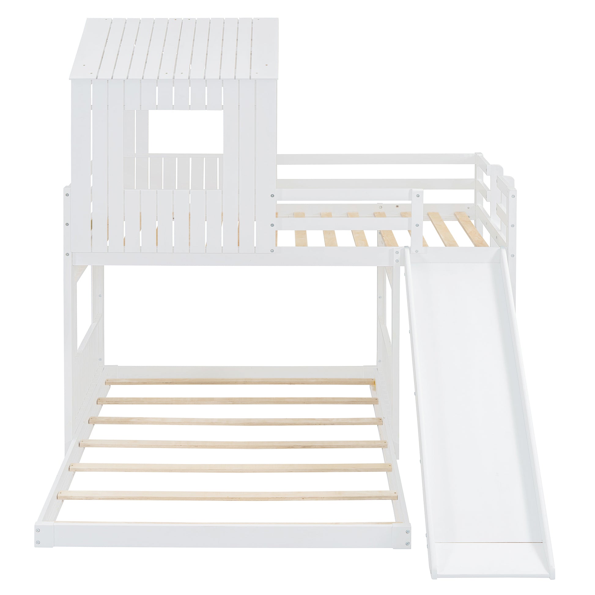 Wooden Twin Over Full Bunk Bed, Loft Bed With Playhouse, Farmhouse, Ladder, Slide And Guardrails, White Old Sku :Lt000028Aak Twin White Solid Wood