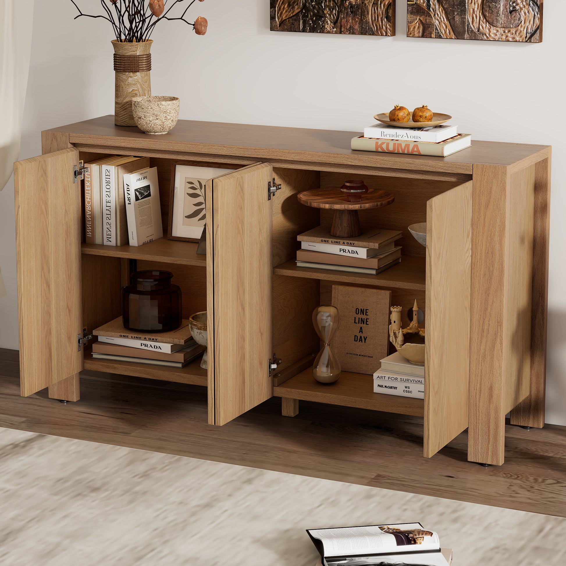 Retro 4 Door Sideboard With Distressed Finish And Adjustable Shelves For Dining Room, Kitchen, And Living Room Natural Natural Mdf,Rubber Wood