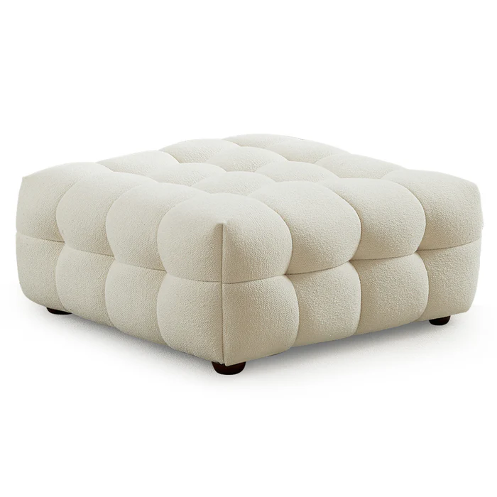 Morrison Ottoman Cream Boucle White Wood Solid White Mid Century Modern Square Foam Tufted Boucle,Solid Wood