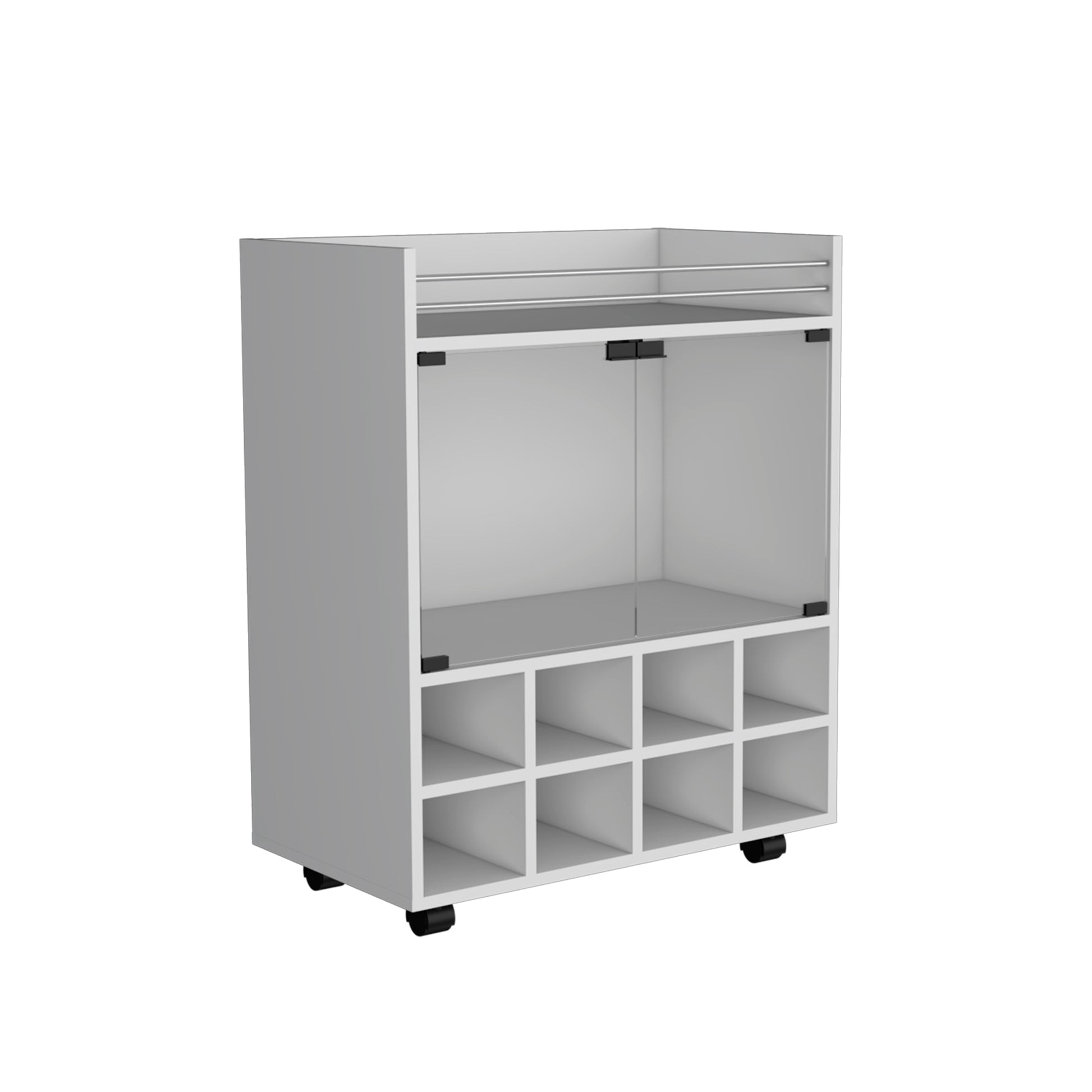 St Andrews Bar Cart With Built In 8 Bottle Rack, Double Glass Door Cabinet, And Aluminum Edged Top Surface White Primary Living Space Modern Particle Board Shelves Included Engineered Wood