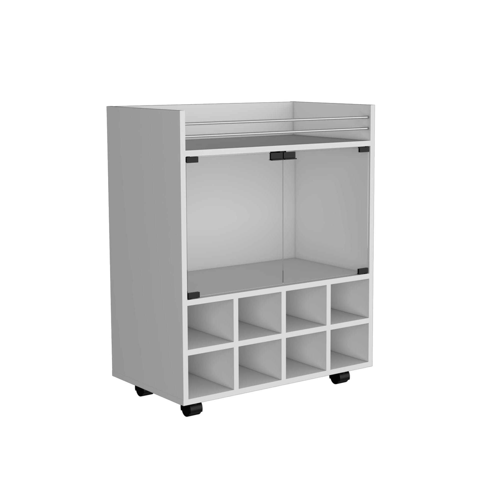 St Andrews Bar Cart With Built In 8 Bottle Rack, Double Glass Door Cabinet, And Aluminum Edged Top Surface White Primary Living Space Modern Particle Board Engineered Wood