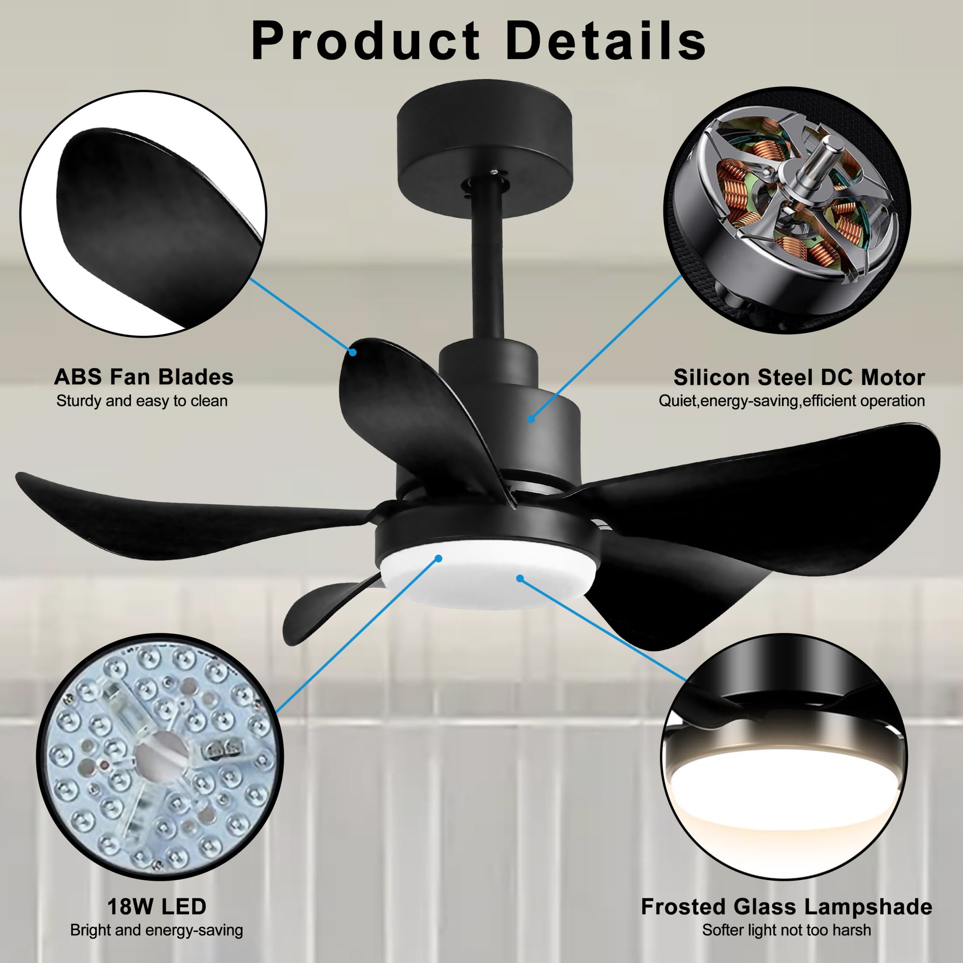 28' Ceiling Fans With Lights And Remote App Control, Low Profile Ceiling Fans With 5 Reversible Blades 3 Colors Dimmable 6 Speeds Ceiling Fan For Bedroom Kitchen Black Casual,Classic Abs Steel Q235