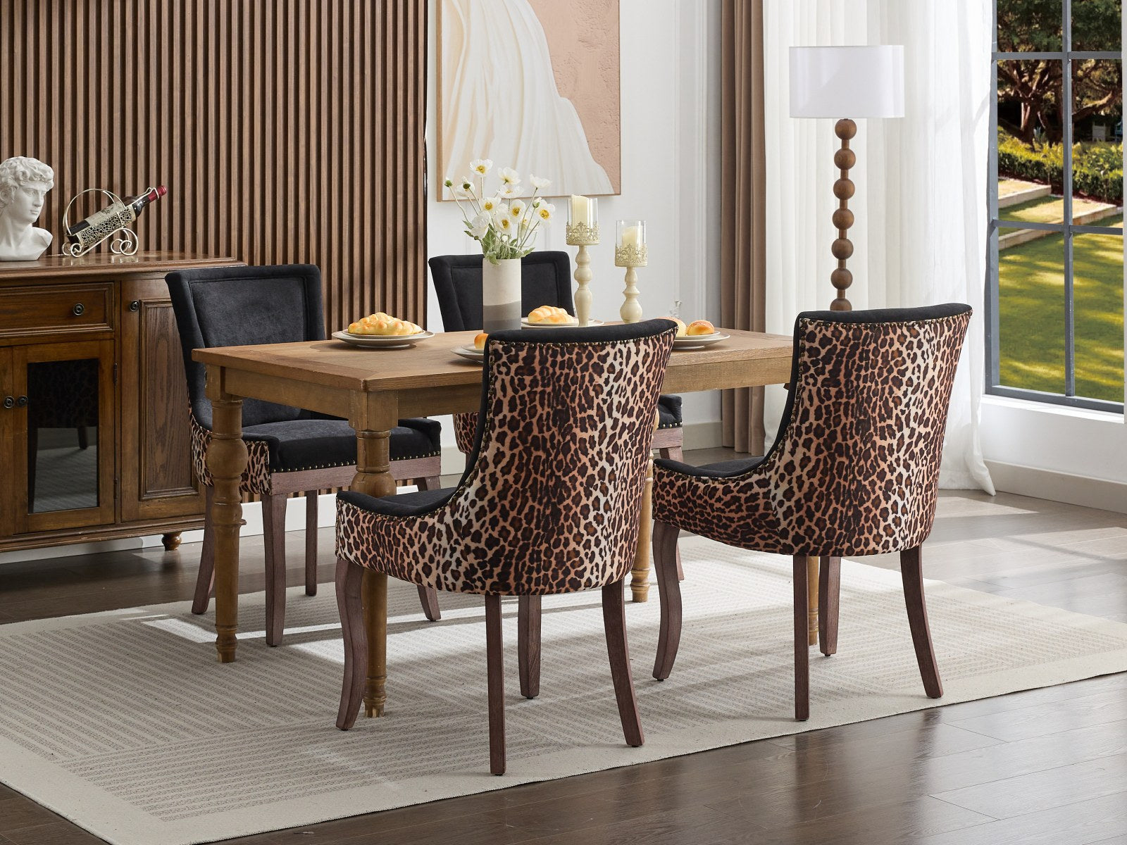 Ultra Side Dining Chair, Thickened Fabric Chairs With Neutrally Toned Solid Wood Legs, Bronze Nail Head, Set Of 2,Leopard Print Leopard Modern Dining Chairs Rubberwood Set Of 2 Foam Fabric