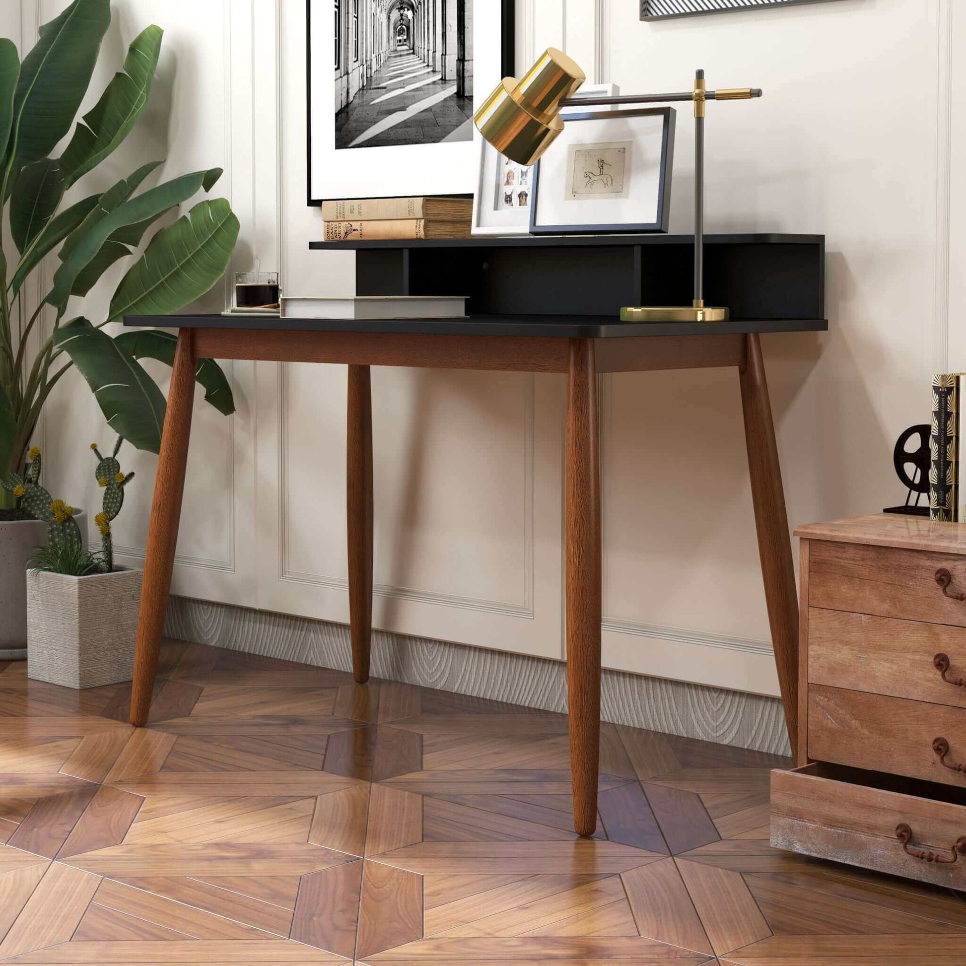 Hayley Rectangular Solid Wood Desk In Black Black,Brown Brown Office Mid Century Modern Rectangular Open Storage Desk Rectangular Solid Wood