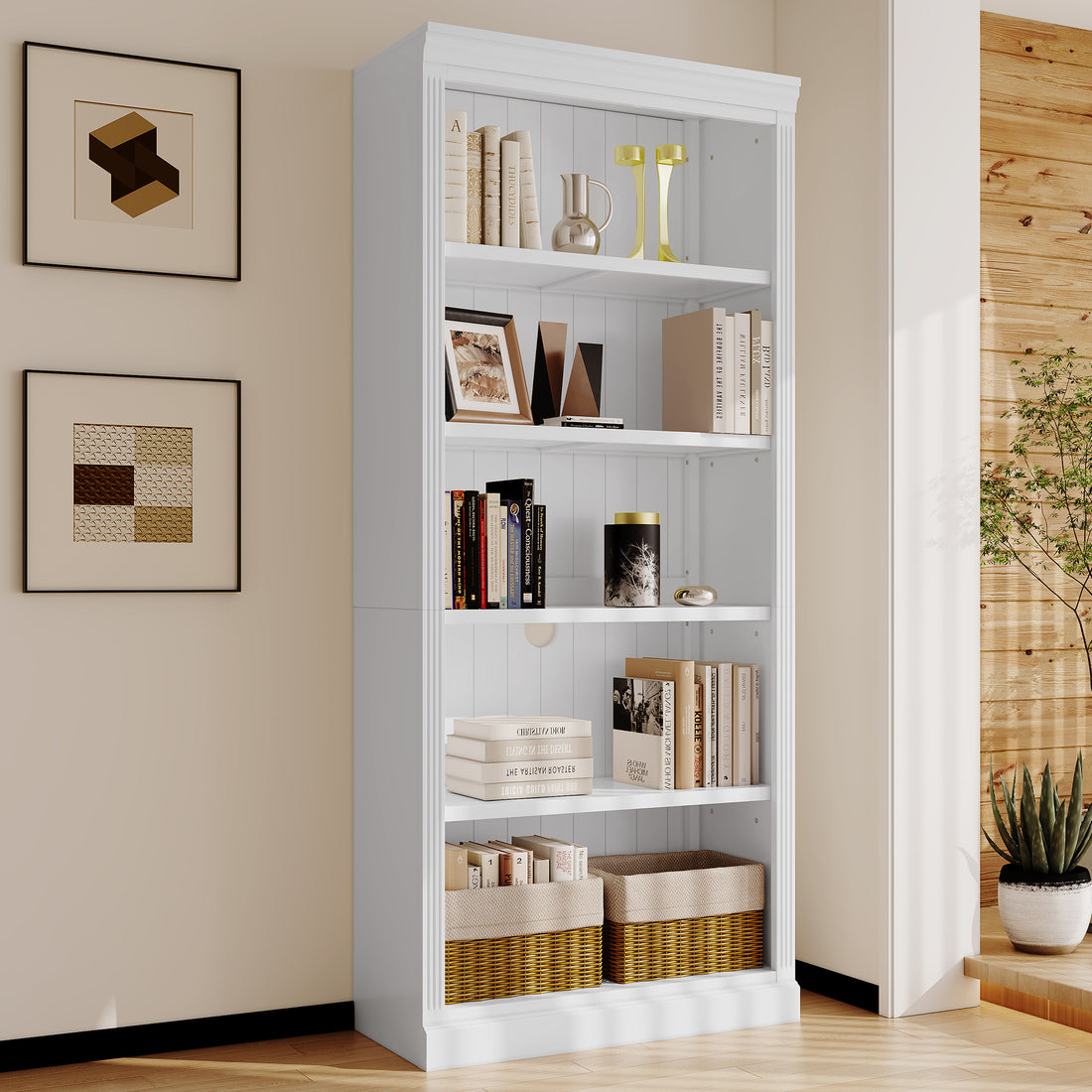 83.4" Tall Wood Bookcase,5 Tier Home Decor Bookshelves With Adjustable Storage Shelves,Storage Organizer For Cds Books Movies,Free Standing Storage Shelves For Living Room,Home Office,White White Solid Wood Mdf