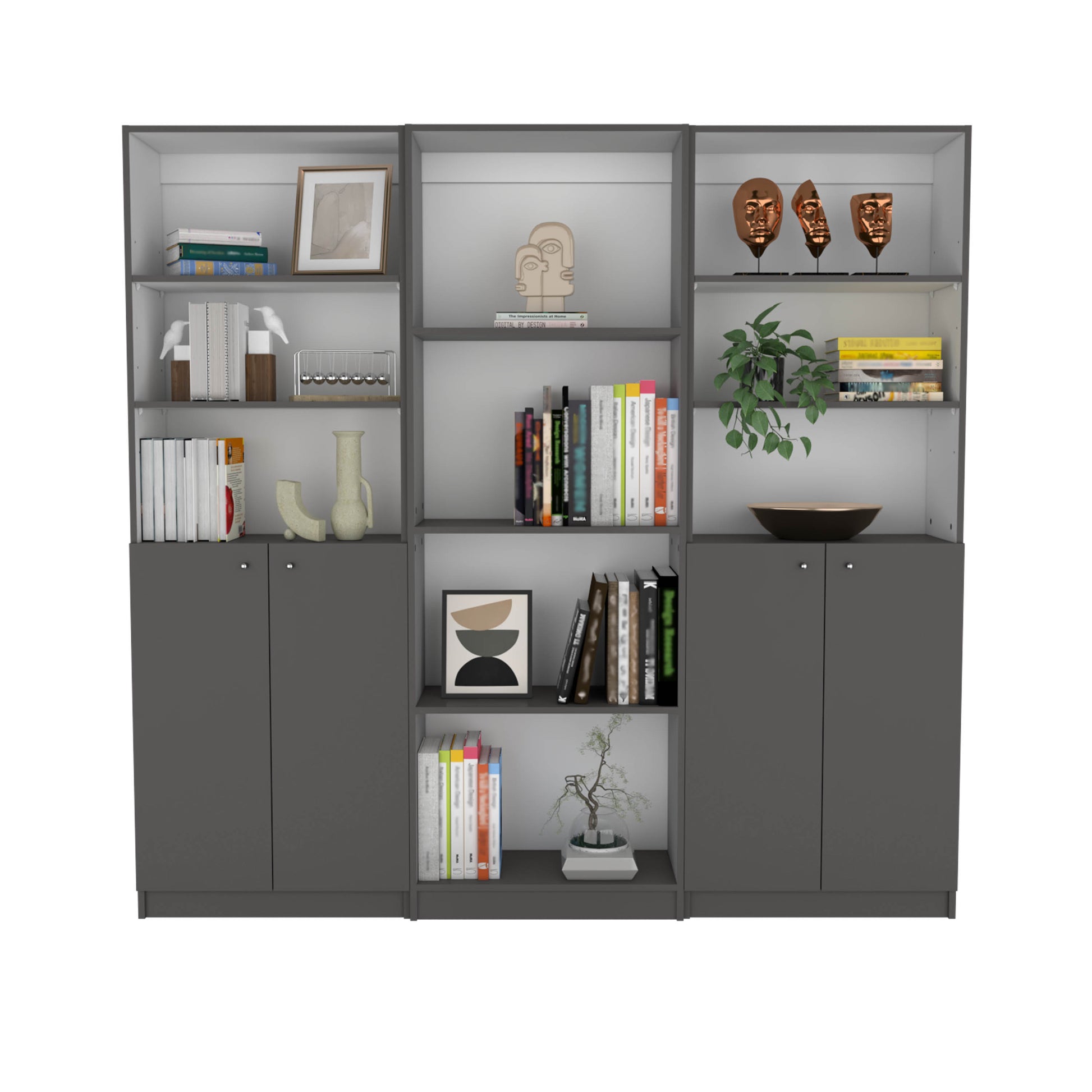 Hialeah 3 Piece Home Bookcase Set, 74" Wide With 10 Shelves And Two Double Door Cabinetliving Room Set Matt Gray White Multicolor Particle Board