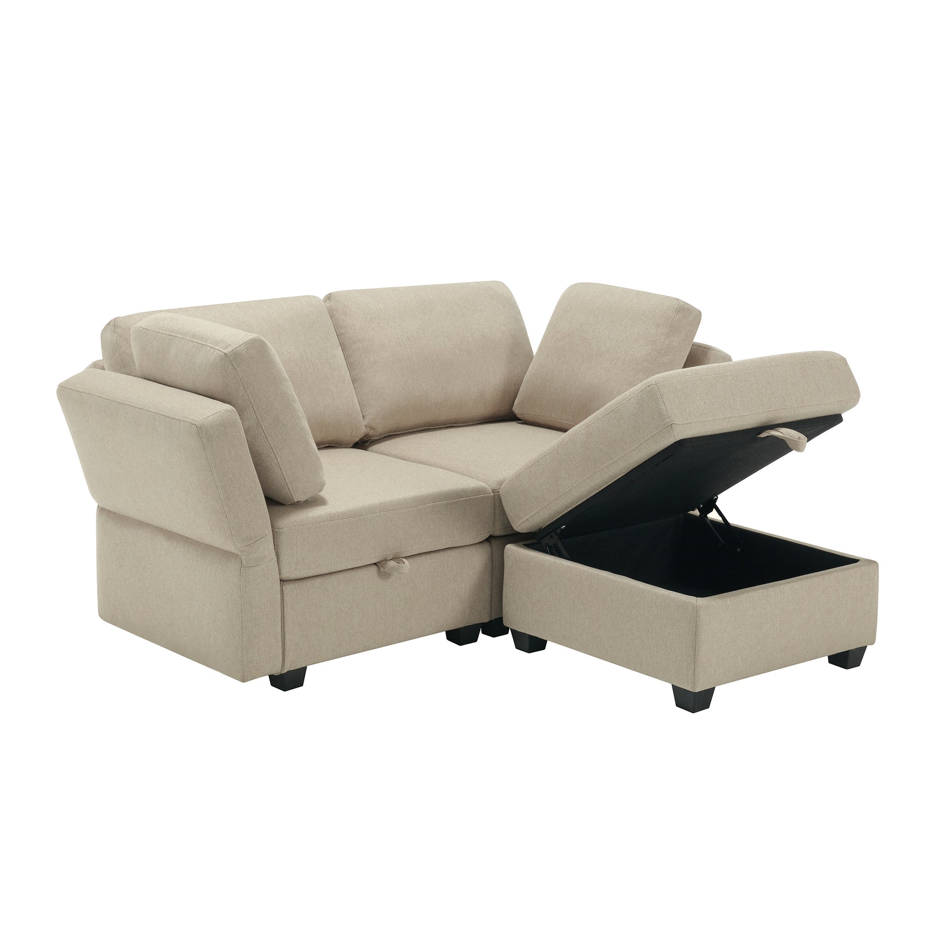 Space Saving Small Sectional Sofa With Ottoman, 2 Seater Sofa With 1 Ottoman, All Seats And Ottomans With Storage Function Beige Beige Fabric 2 Seat