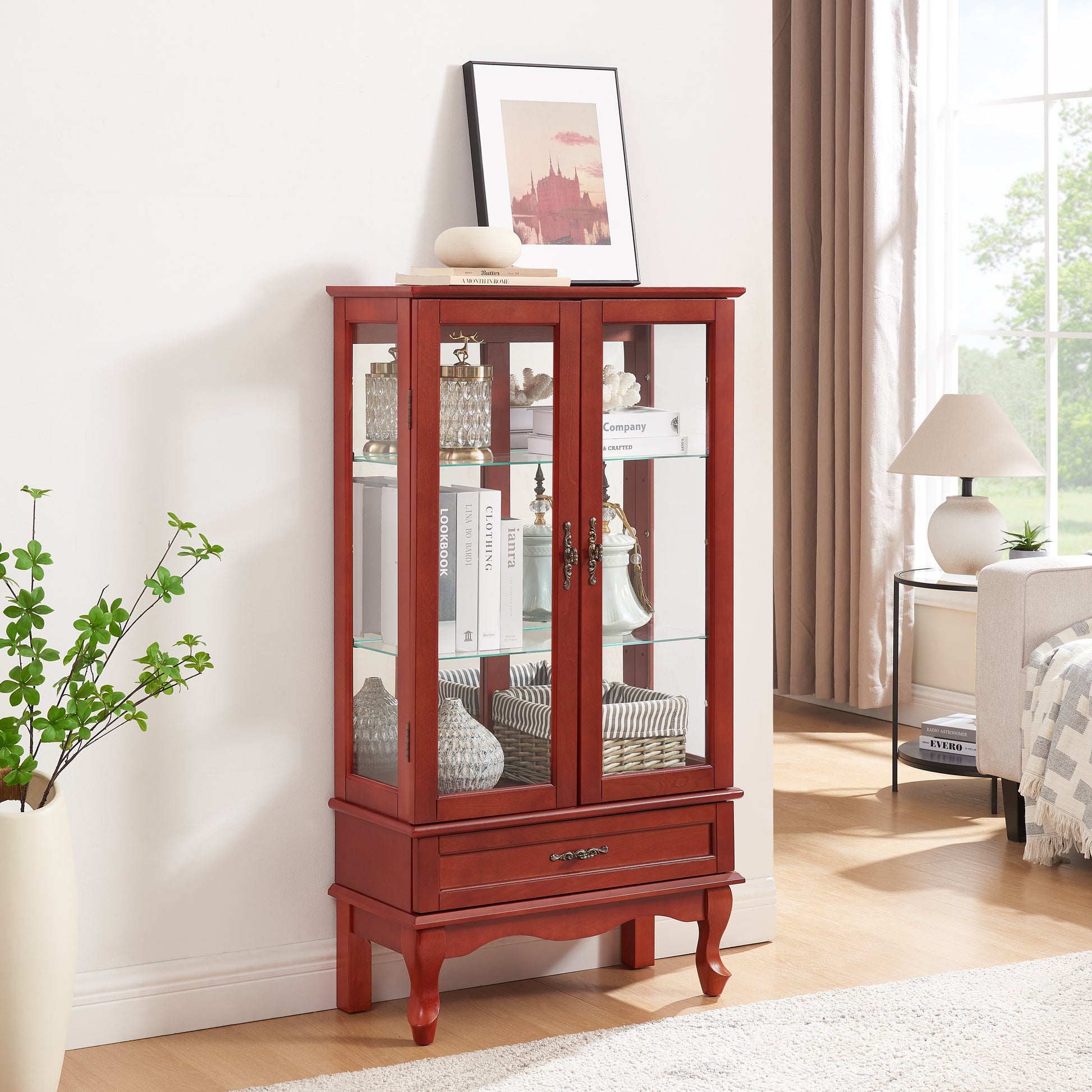 Lighted Glass Cabinet Glass Wine Cabinet Curio Display Cabinet With Adjustable Glass Shelves 2 Doors And 1 Drawer Cabinet Bulb Included Cherry Cherry Mdf Glass