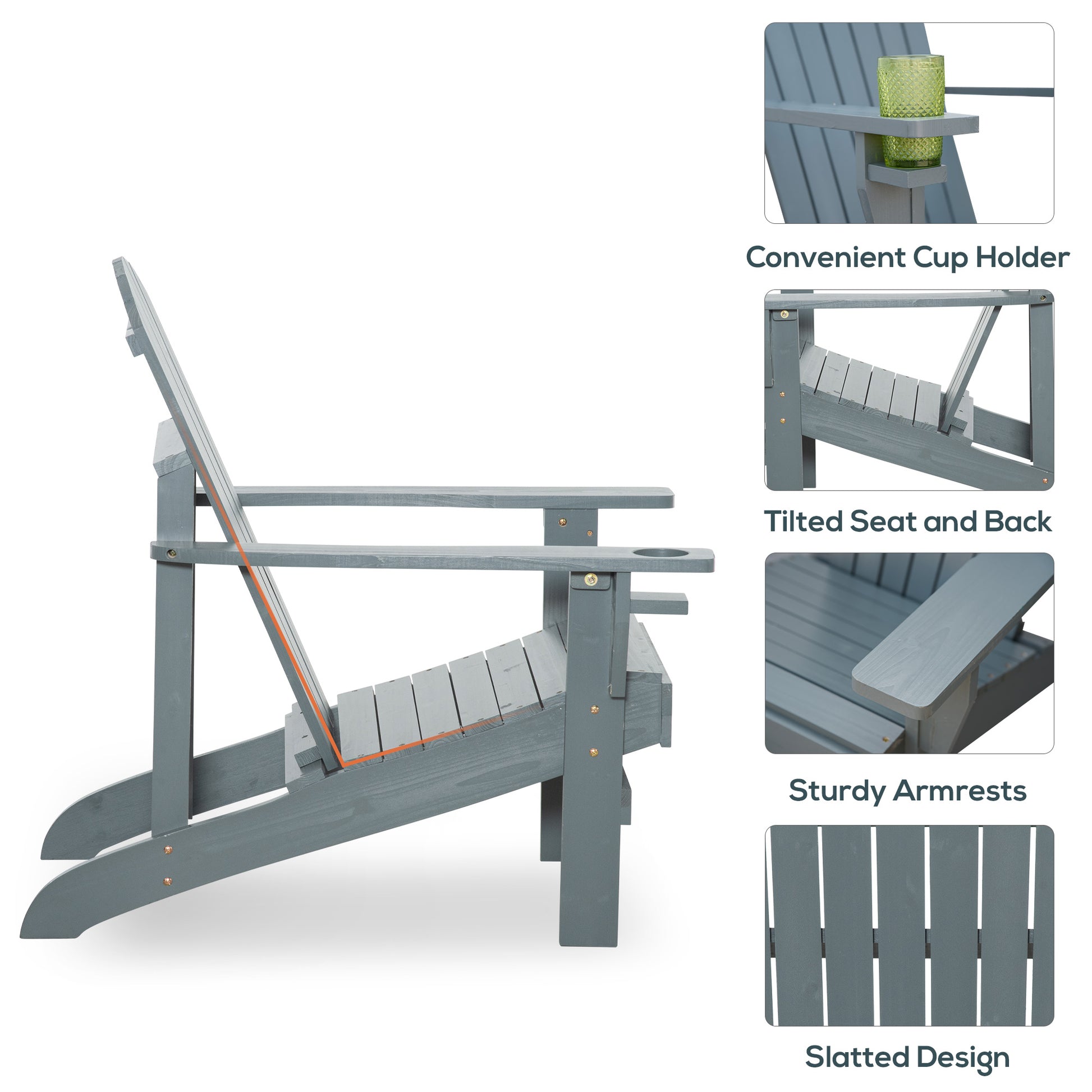 Outsunny Wooden Adirondack Chair, Outdoor Patio Lawn Chair With Cup Holder, Weather Resistant Lawn Furniture, Classic Lounge For Deck, Garden, Backyard, Fire Pit, Dark Gray Gray Wood