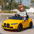 Qaba Bmw M4 Licensed Kids Electric Car, 12V Ride On Car With Parent Remote Control, Suspension, Handle Attachment, Battery Powered Kids Car With Led Lights, Music, Soft Start, Yellow Yellow Plastic