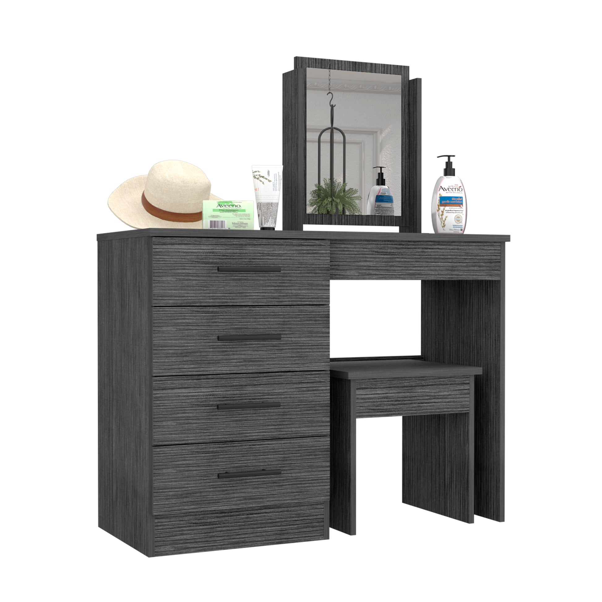 Makeup Dressing Table, Mirror, Four Drawers, Stool, Smokey Oak Smoke Grey Solid Wood Mdf Engineered Wood