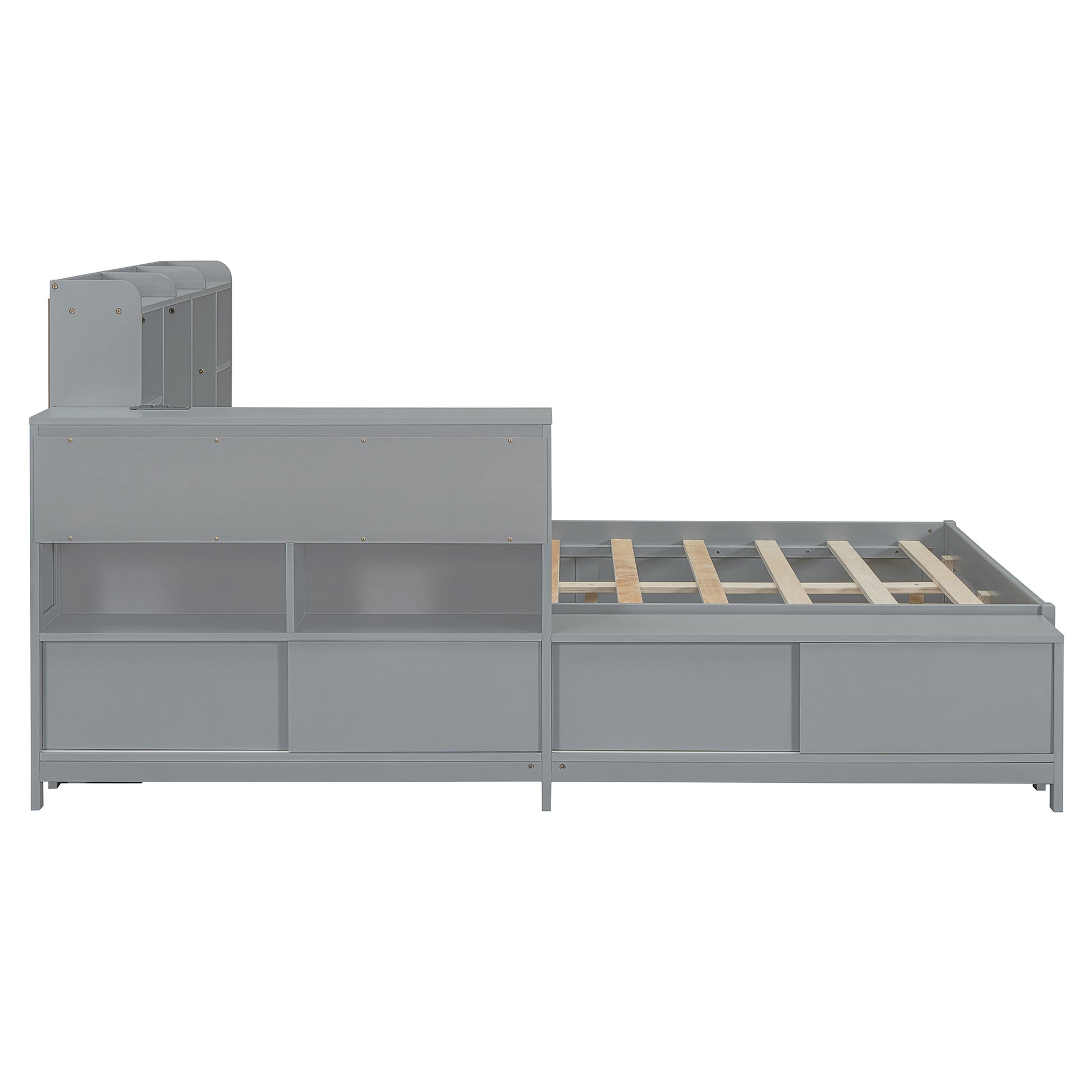 Full Size Wooden Platform Bed With Multi Functional Storage Space, Nightstand, 2 Drawers, Usb Ports And Desk, Gray Full Gray Wood