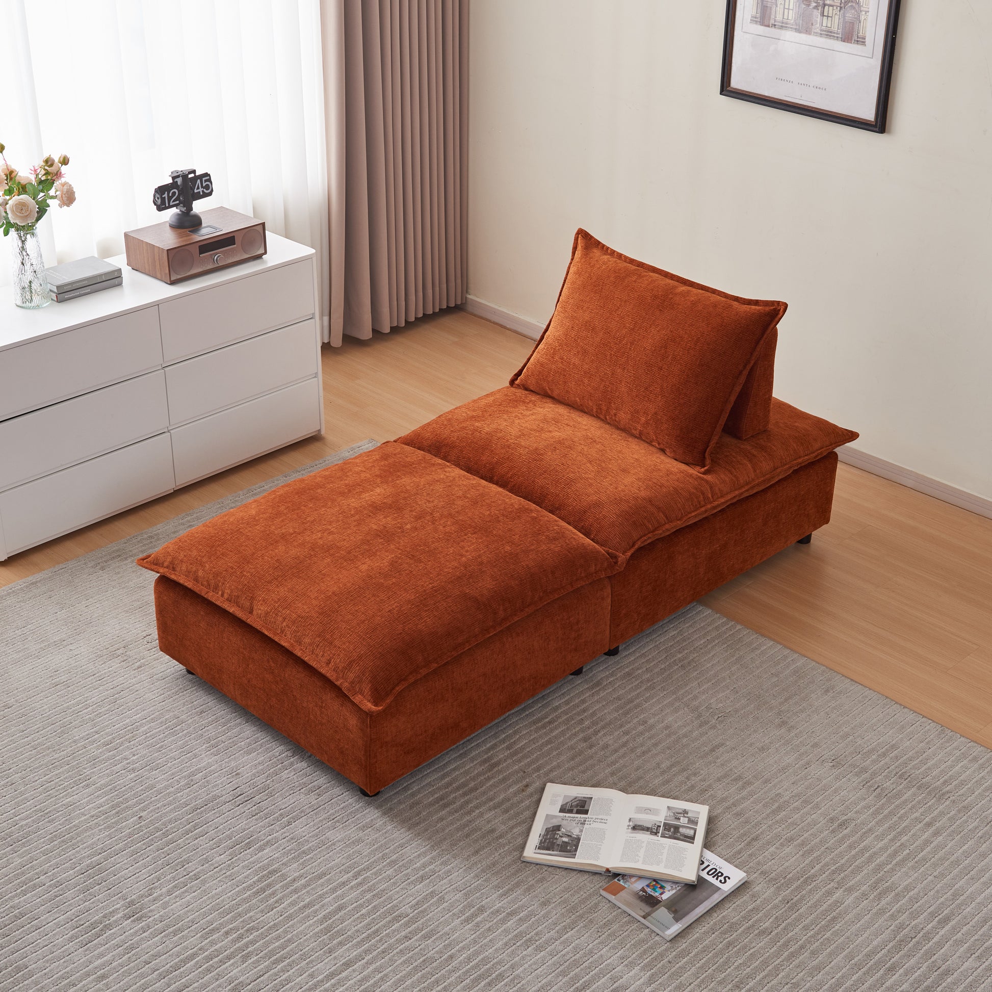 Modern Armless Accent Chair, Single Sofa Couch With Ottoman Compact Design, Space Saving Seating For Living Room, Bedroom, Apartment, Office Orange Wood Medium Soft Foam Chenille 1 Seat