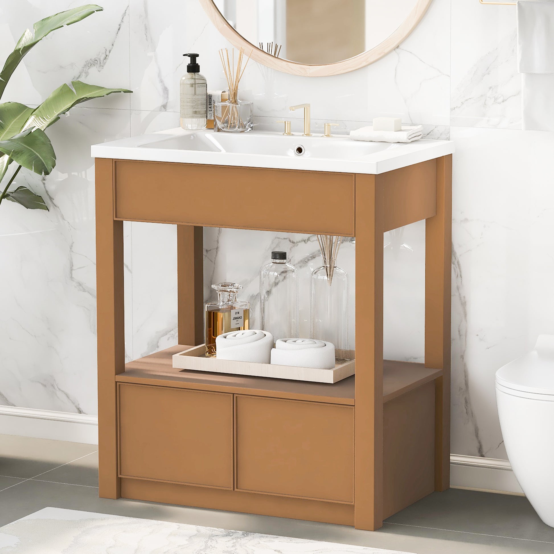 30" Bathroom Vanity With Sink Top, Bathroom Cabinet With Open Storage Shelf And Two Drawers, Brown Brown Solid Wood Mdf