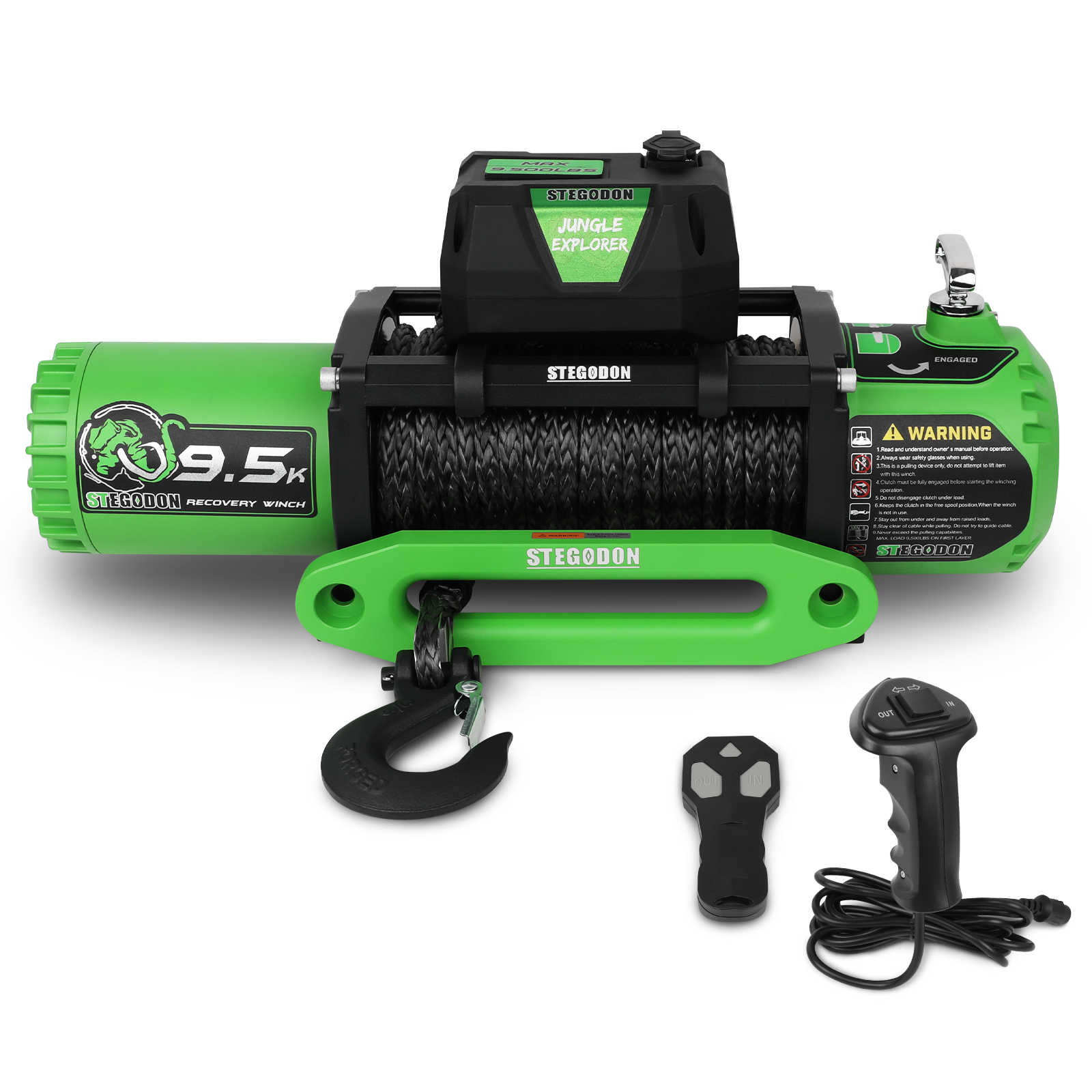 Stegodon 9500 Lb. Load Capacity Electric Winch,12V Waterproof Ip67 Electric Winch With Hawse Fairlead, Synthetic Rope Winch With Wireless Handheld Remote And Wired Handle Black Green Aluminium