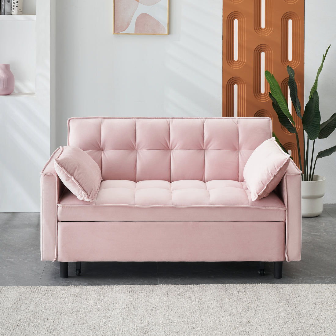 Modern Velvet Sofa, Sofa Pull Out Bed, Smallseat Casual Sofa With Back, With Pillow, Pockets, Living Room Furniture, 3 In 1 Convertible Sleep Sofa Bed. Pink Velvet 2 Seat