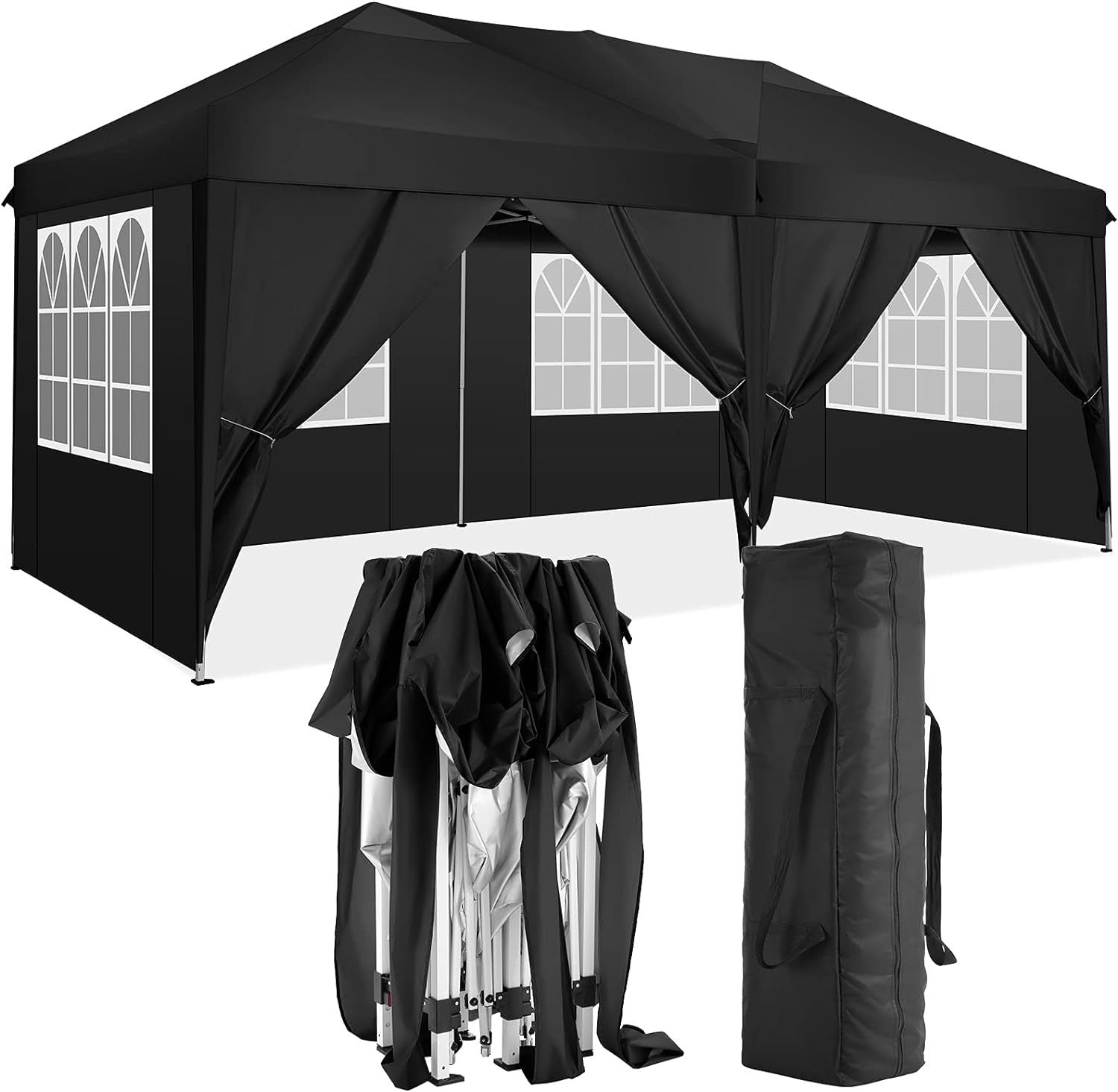 10'X20' Folding Canopy With 6 Removable Sidewalls Outdoor Event Shelter Upf 50 Gazebo Portable Tents For Parties Beach Camping Wedding Ez Pop Up Canopy Black Metal