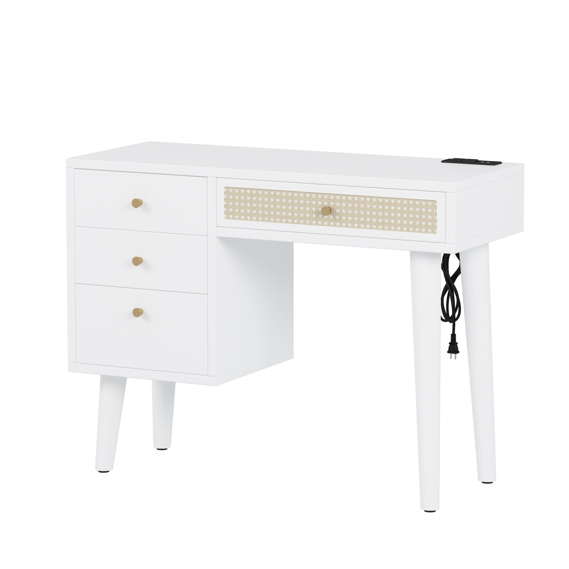 39" Retro Bohemian Style Wooden Makeup Vanity Set With Charging Plug&Usb Port And Stool, Dressing Table With 3 Storage Drawers And 1 Rectangular Rattan Drawer, White White 4 Drawers Wood