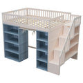 Full Size Loft Bed With 2 Four Layer Storage Cabinets And Curtain,White Blue White Solid Wood Mdf