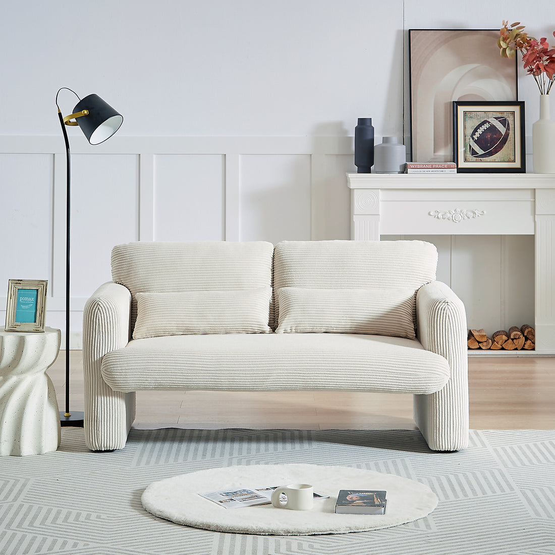 60"Corduroy Fabric Sofa, Modern Lounge Chairs Loveseat Sofa With Support Pillowfor Apartment, Office, Living Room & Bedroom Beige Corduroy 2 Seat