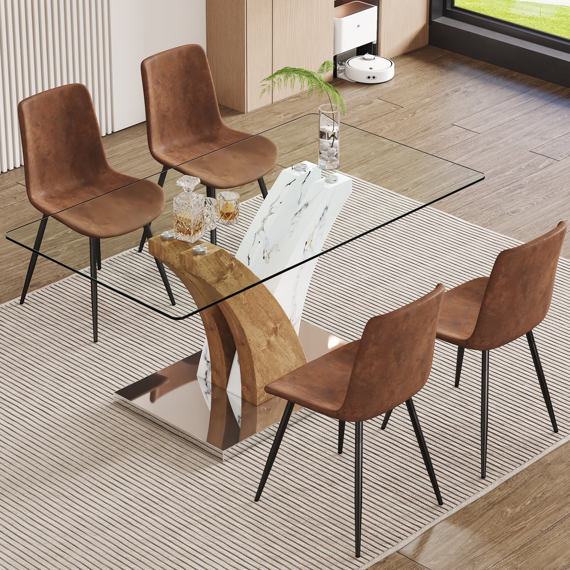 Table And Chair Set.Modern Dining Table, Tempered Glass Countertop With Artistic Mdf Legs.Paried With 4 Brown Chairs With Suede Backrests And Black Metal Legs.Suitable For Various Styles. Black Brown,Transparent Seats 4 Mdf Metal