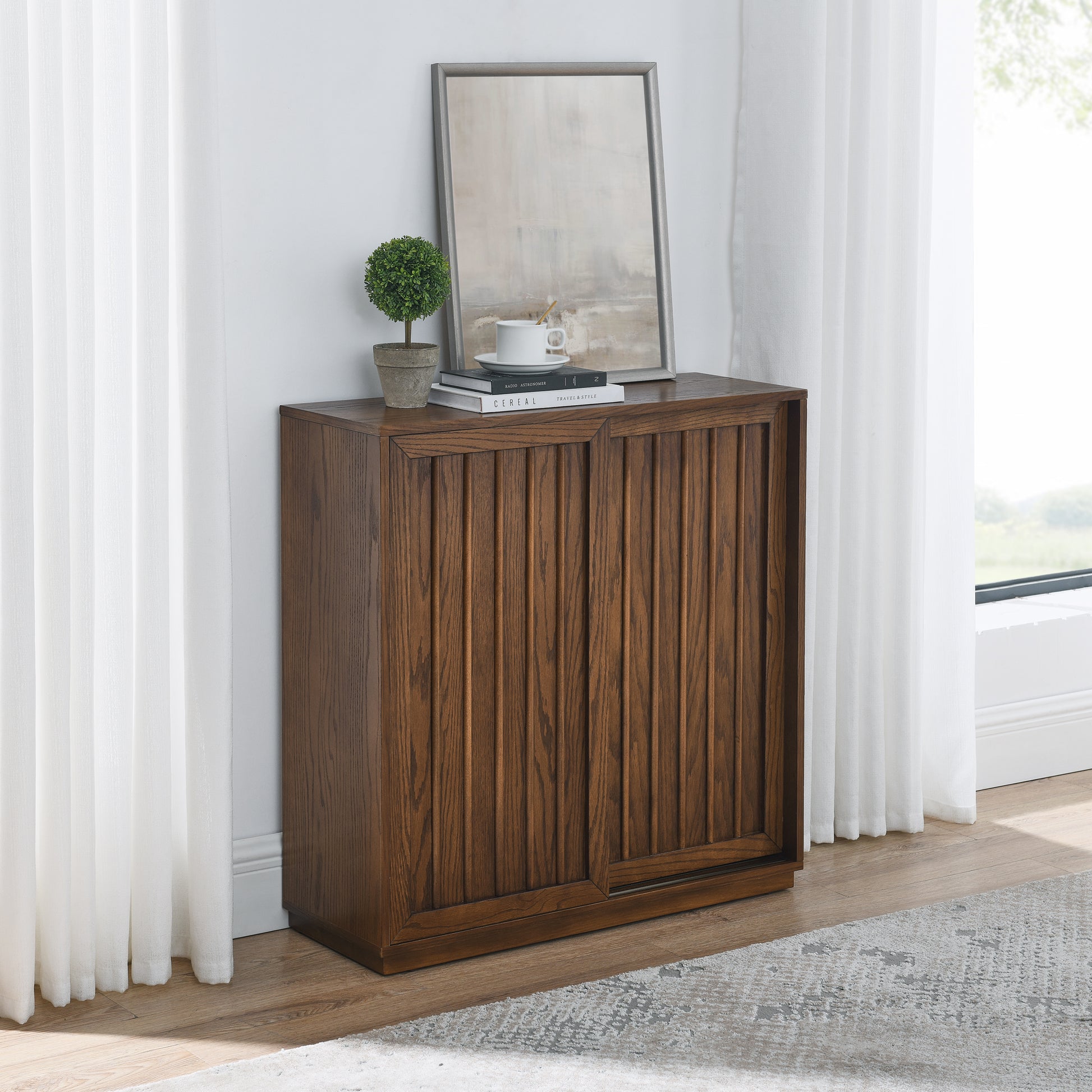 Mid Century Sideboard With 2 Sliding Door & Solid Wood Decorative Strips, Storage Cabinet For Living Room, Kitchen, Dining, Entryway, Hallway Walnut Mdf