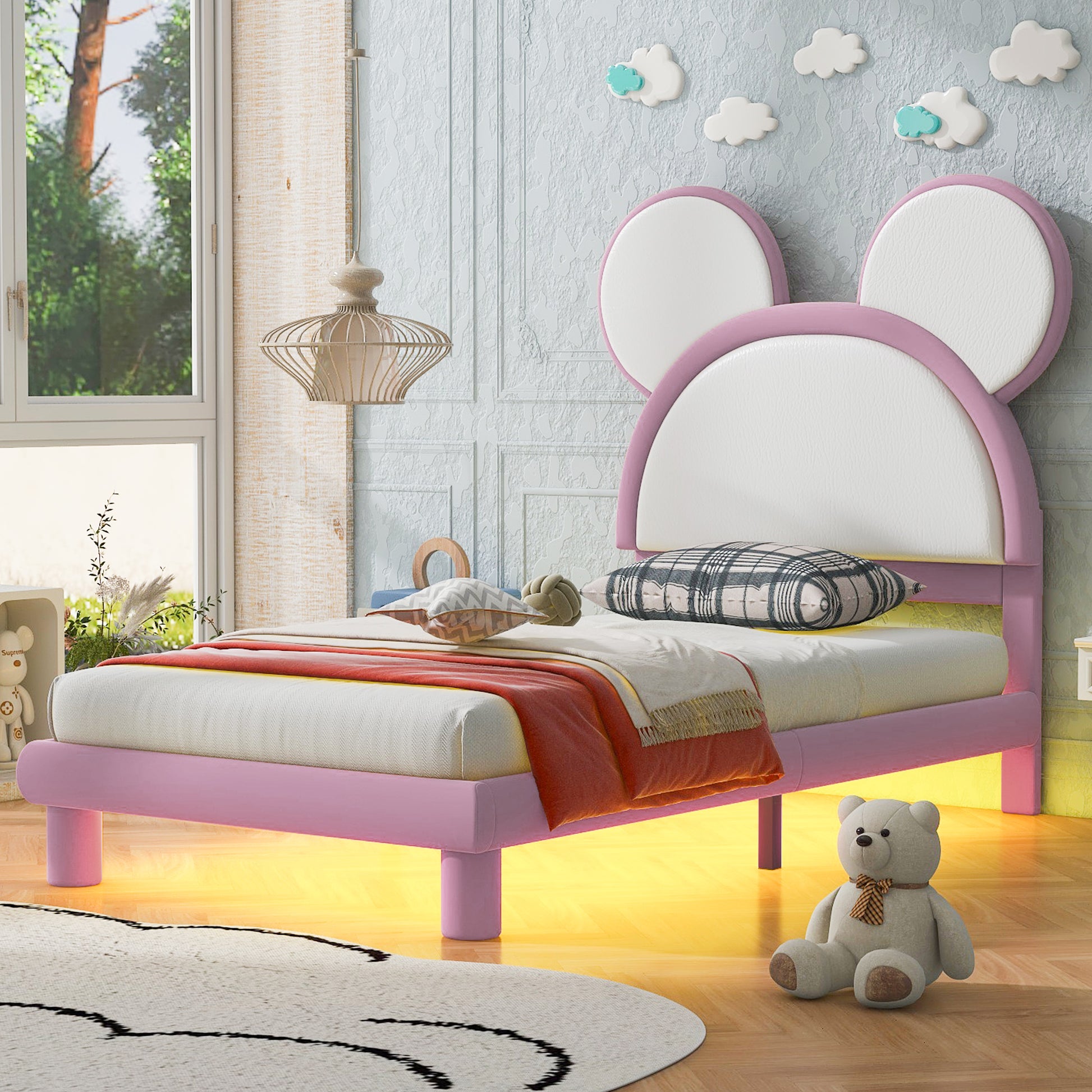 Twin Size Upholstered Platform Bed With Cartoon Ears Shaped Headboard And Led, White&Pink Box Spring Not Required Twin White Pink Bedroom Bed Frame Faux Leather Upholstered