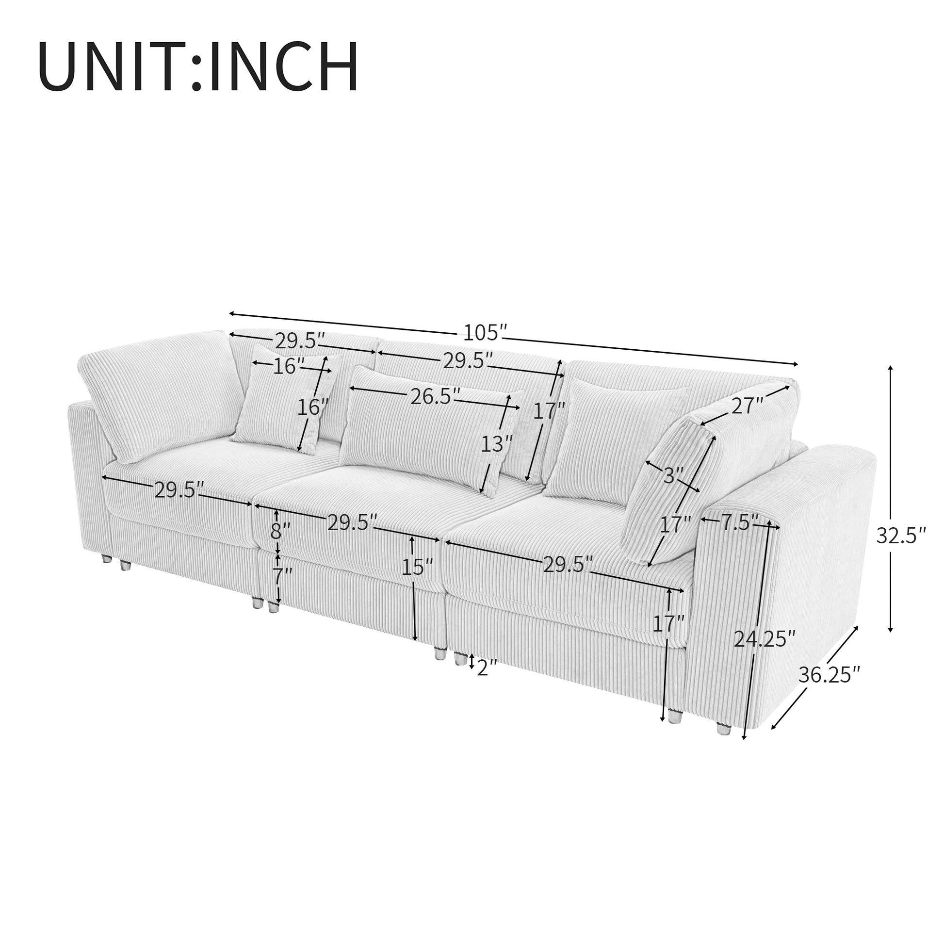 105'' 3 Seater Sofa With Removable Back Cushions And 5 Pillowsfor Living Room, Apartment, Spacious Space Gray Polyester 3 Seat