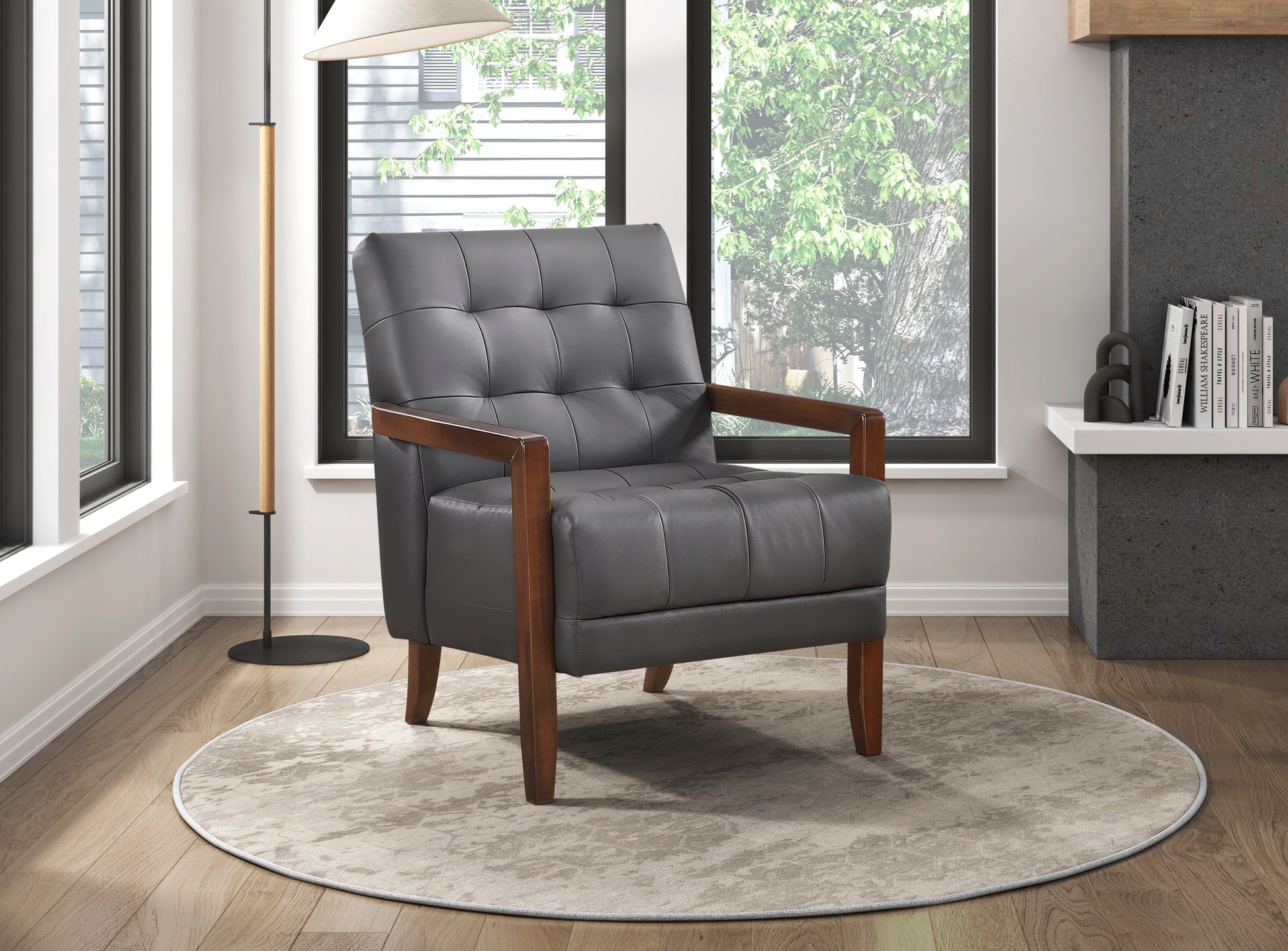 Modern Style Accent Chair Gray Leather Upholstered Tufted Detail Walnut Finish Wood Furniture 1Pc Dark Gray Primary Living Space Contemporary,Modern Plywood