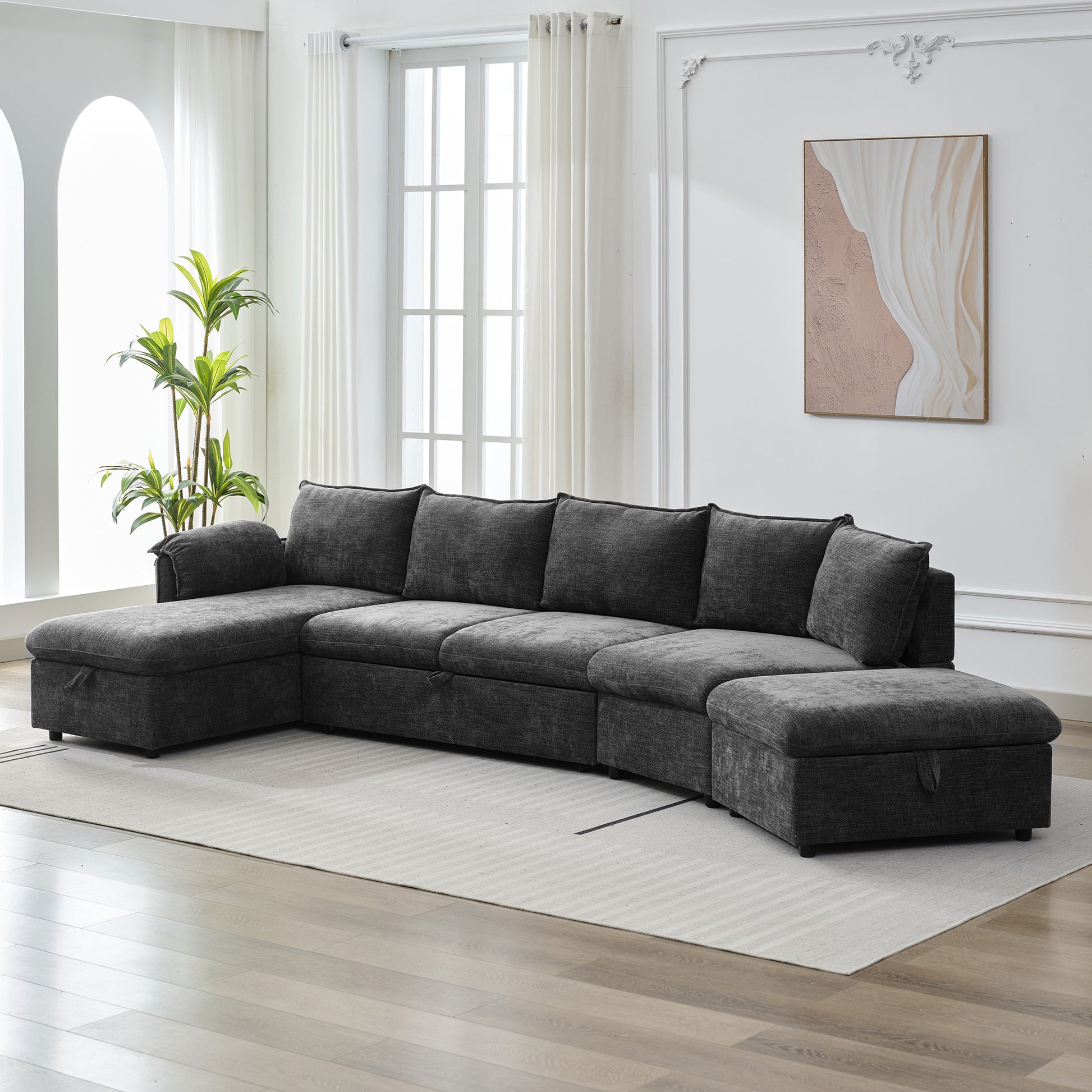 146.9" L Shaped Sofa Sectional Sofa Couch Pull Out Sofa Bed With A Movable Storage Ottoman, A Storage Chaise Lounge And Two Usb Ports For Living Room, Grey Grey Foam Linen 5 Seat