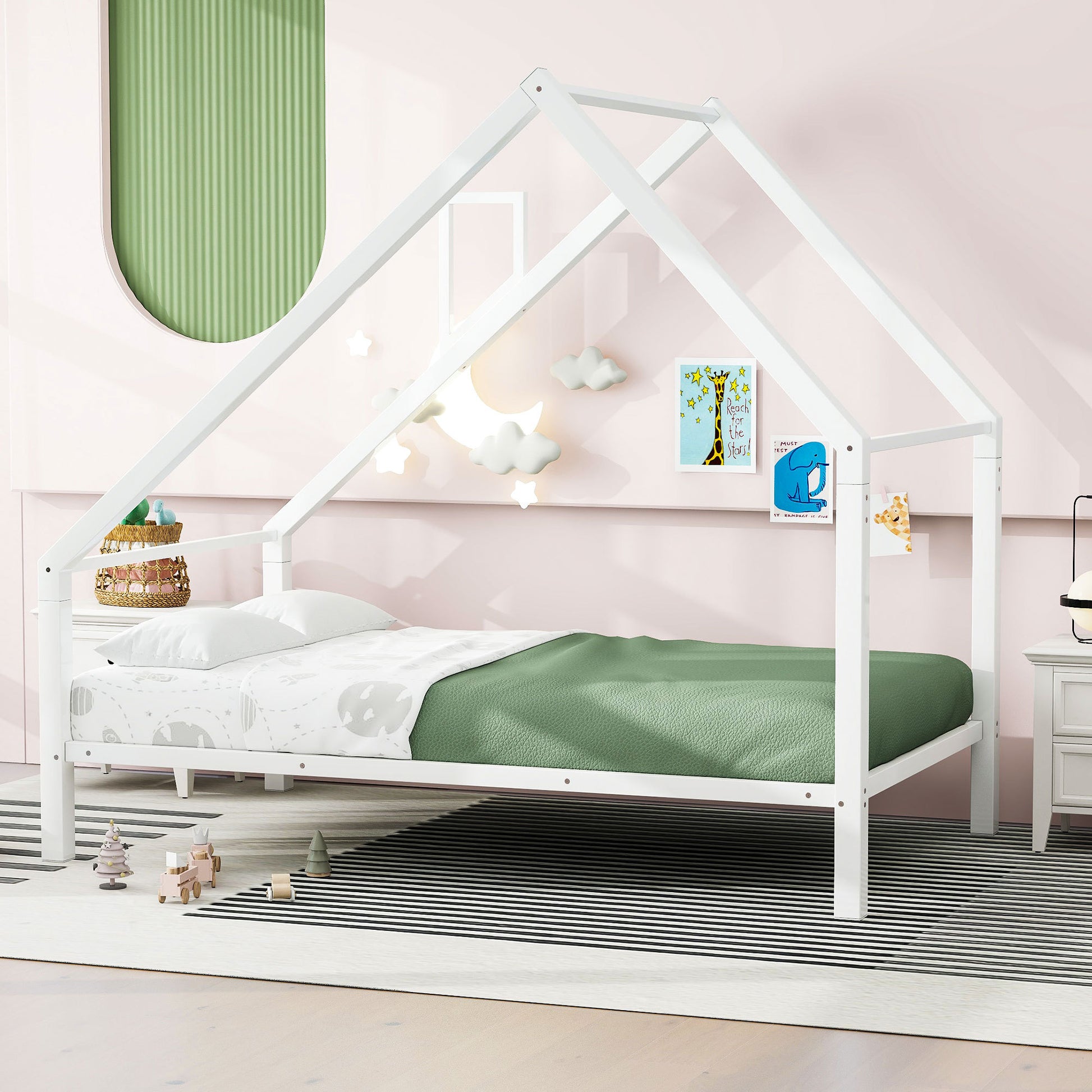 Twin Size Metal House Platform Bed With Roof And Chimney, White Box Spring Not Required Twin White Metal Bedroom Bed Frame Metal