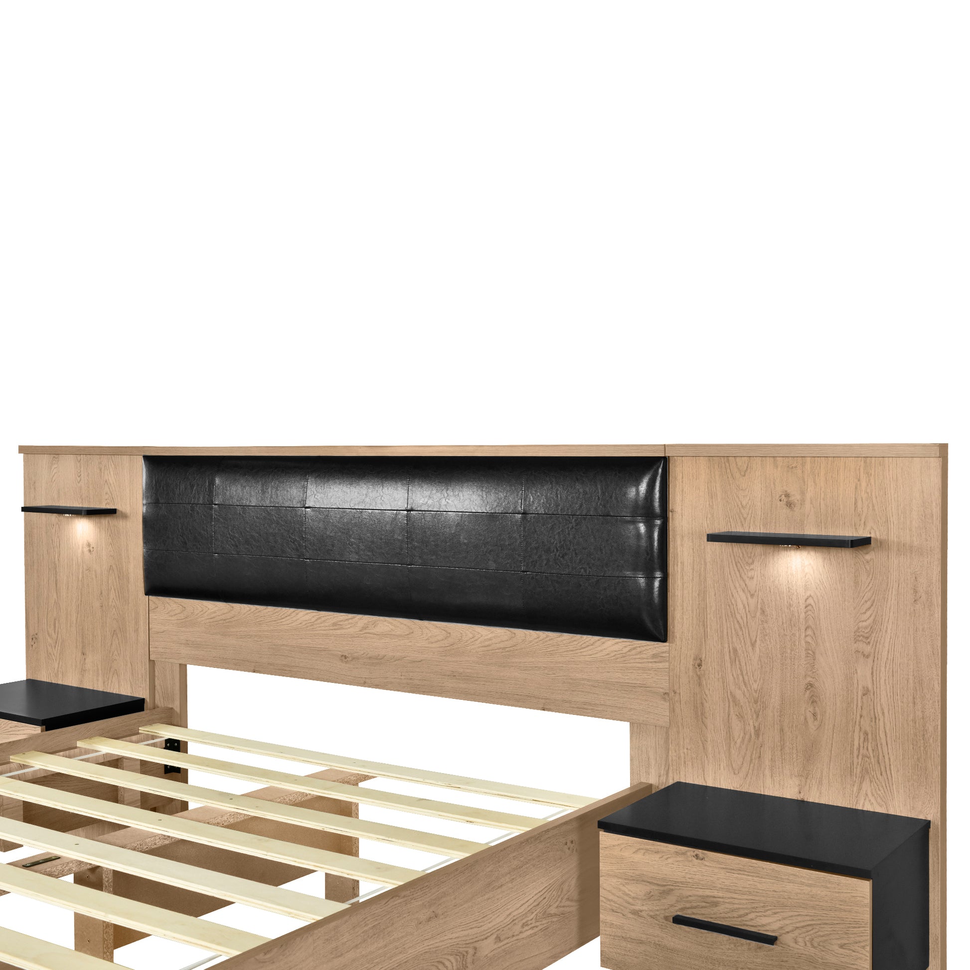 Queen Size Wood Platform Bed With Upholstered Headboard, Lights And Storage Nightstand, Bench, Walnut Box Spring Not Required Queen Walnut Wood Bedroom Bed Frame Faux Leather Solid Wood Mdf