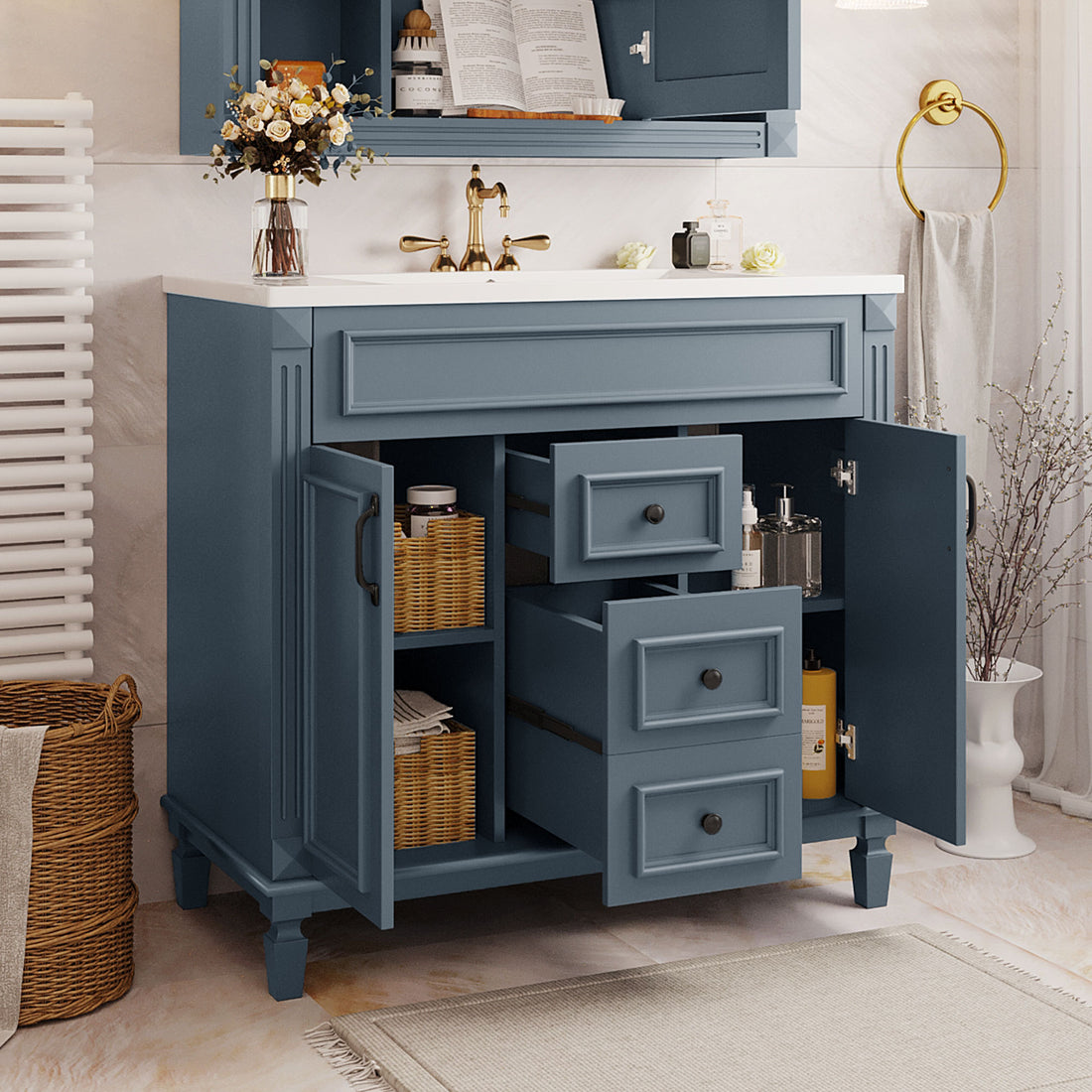 36'' Bathroom Vanity With Top Sink, Modern Bathroom Storage Cabinet With 2 Soft Closing Doors And 2 Drawers, Single Sink Bathroom Vanity Blue Mdf