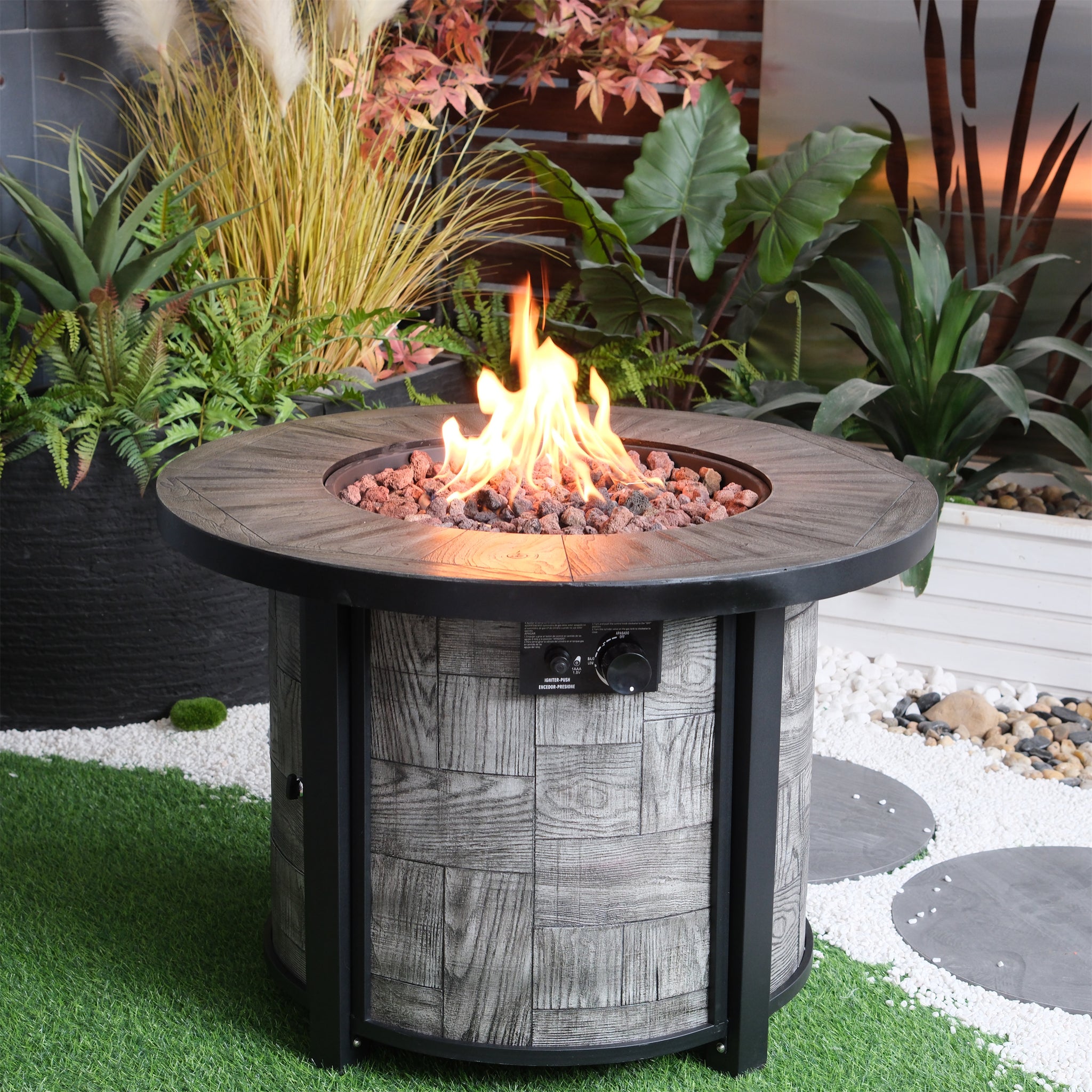 Outdoor Propane Fire Pit, Square Stonecrest Gas Fire Pit For Outside Patio, Concrete Propane Fire Table 50,000 Btu Gas Fire Pit W Lava Rocks, Waterproof Cover Acacia Wood Magnesium Oxide