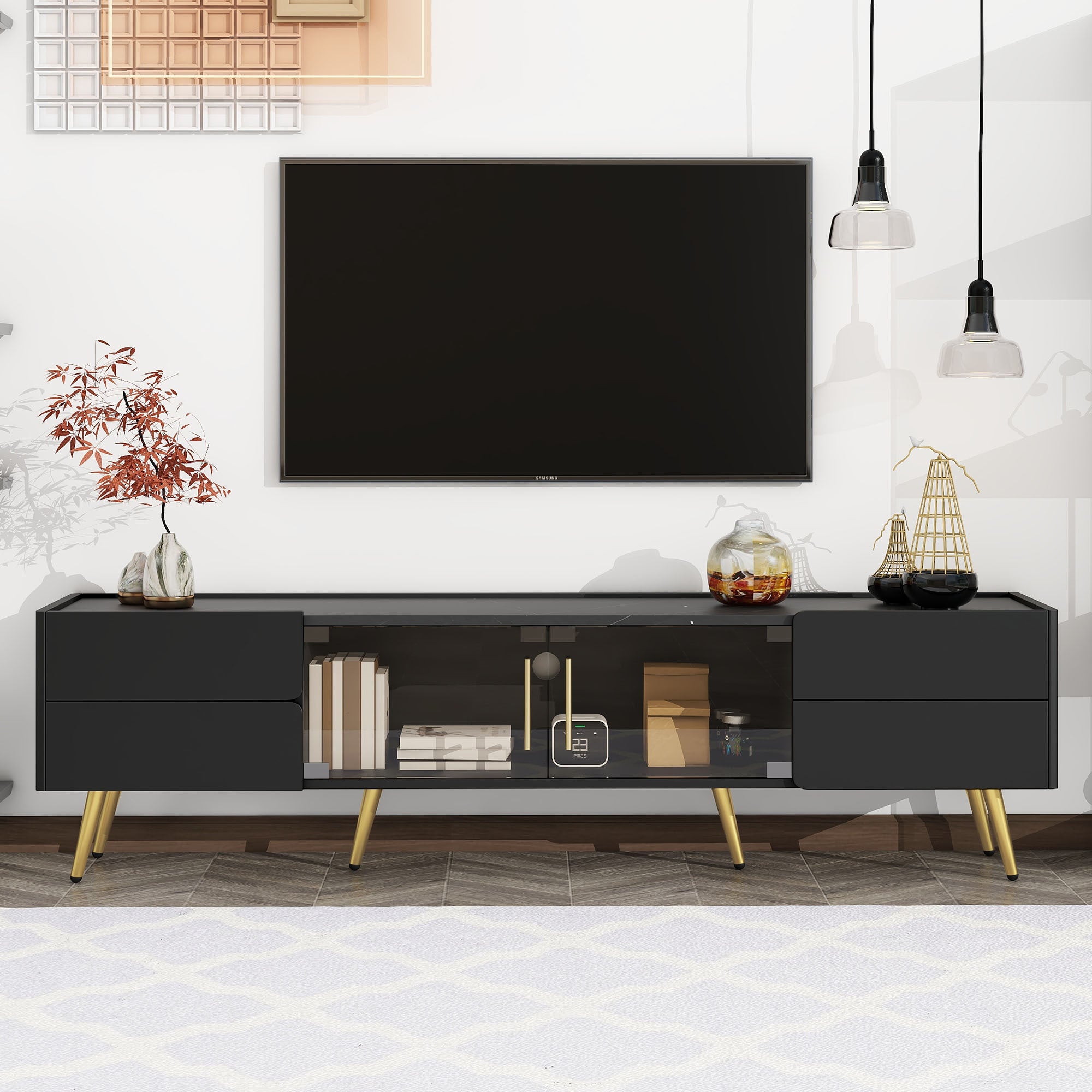 Modern Tv Stand With Led Lights For Tvs Up To 80 Inches, Entertainment Center With 4 Drawers And 1 Cabinet With Brown Glass Door, Media Console With Metal Legs And Handles For Living Room Black 70 79 Inches Mdf