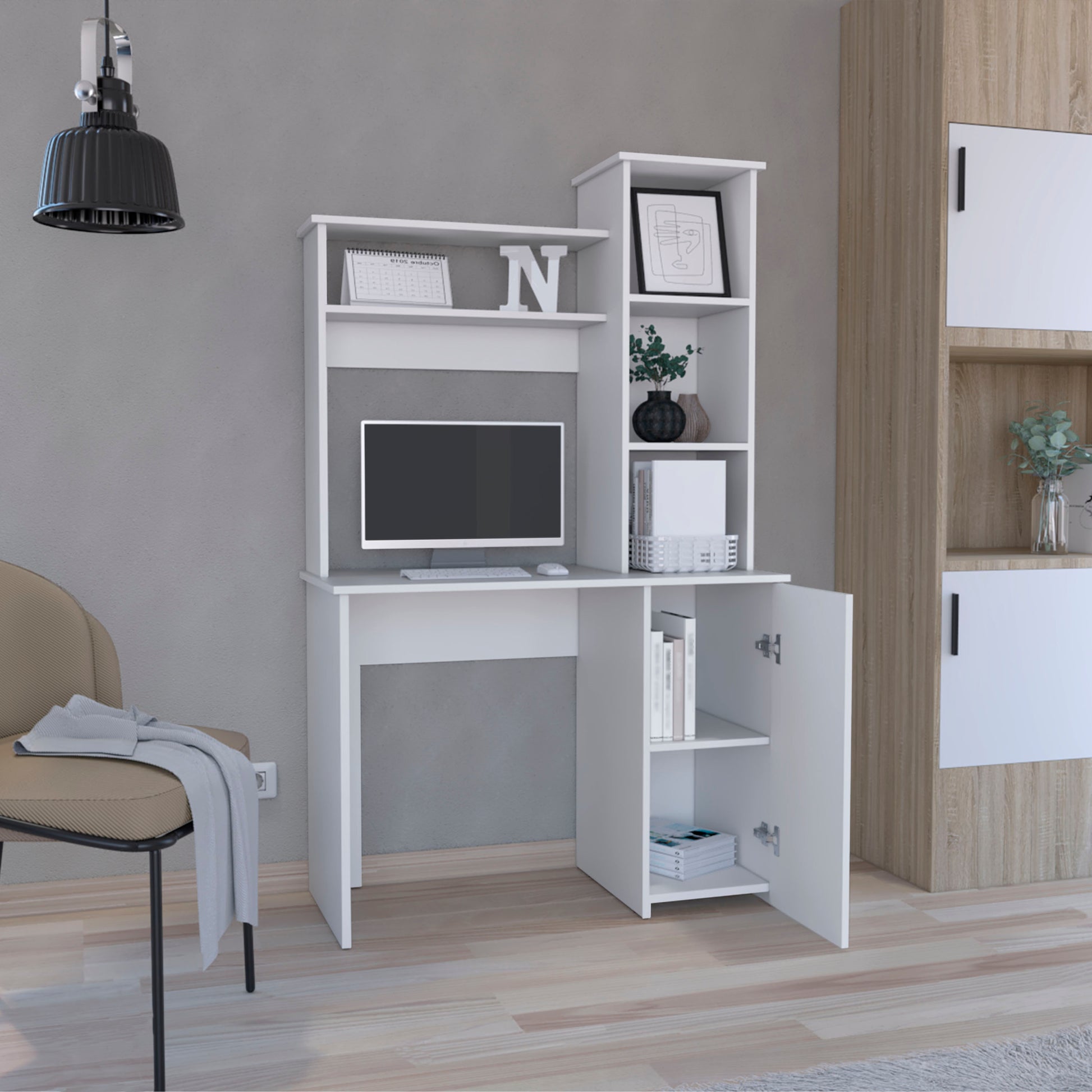 Carson Computer Desk With Hutch, Single Door Cabinet, Expansive Work Surface And 3 Tier Storage Shelves White Computer Desk Office Modern Freestanding Rectangular Shelves Desk Rectangular Particle Board Engineered Wood