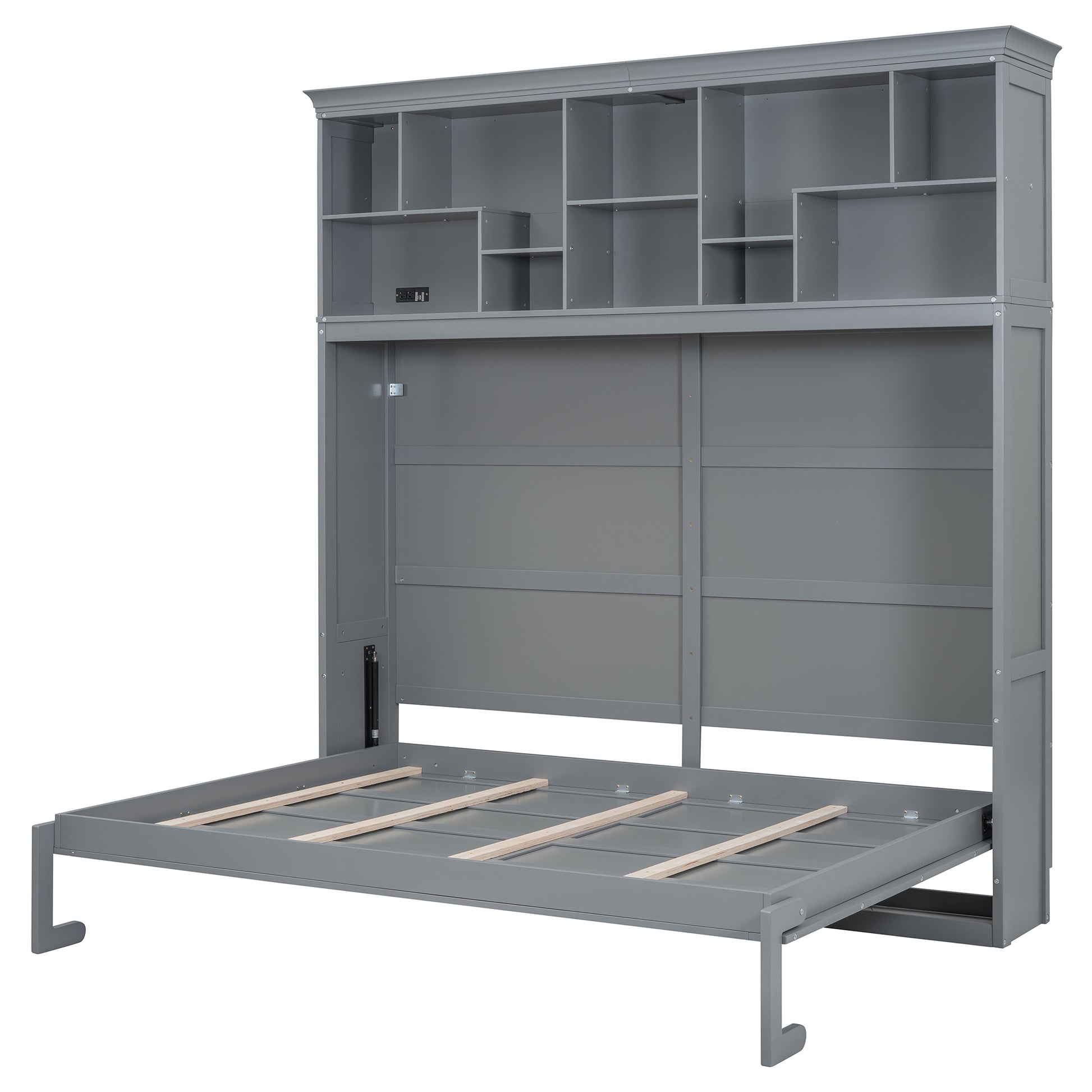 Queen Size Murphy Bed Wall Bed With Top Shelves & Usb,Gray Queen Gray Plywood