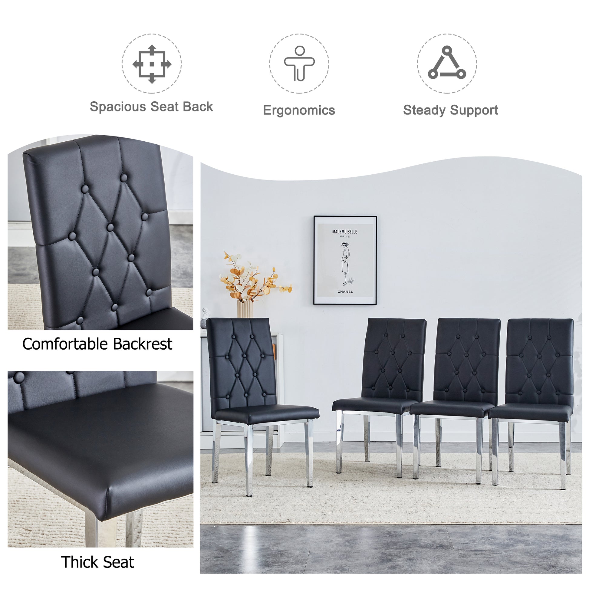 Table And Chair Set, Modern Dining Table, Tempered Glass Tabletop And Silver Colored Leg Table, Soft And Comfortable Dining Chair, Perfect For Dinner, Meetings, Home And Office Decor Black Seats 6 Glass