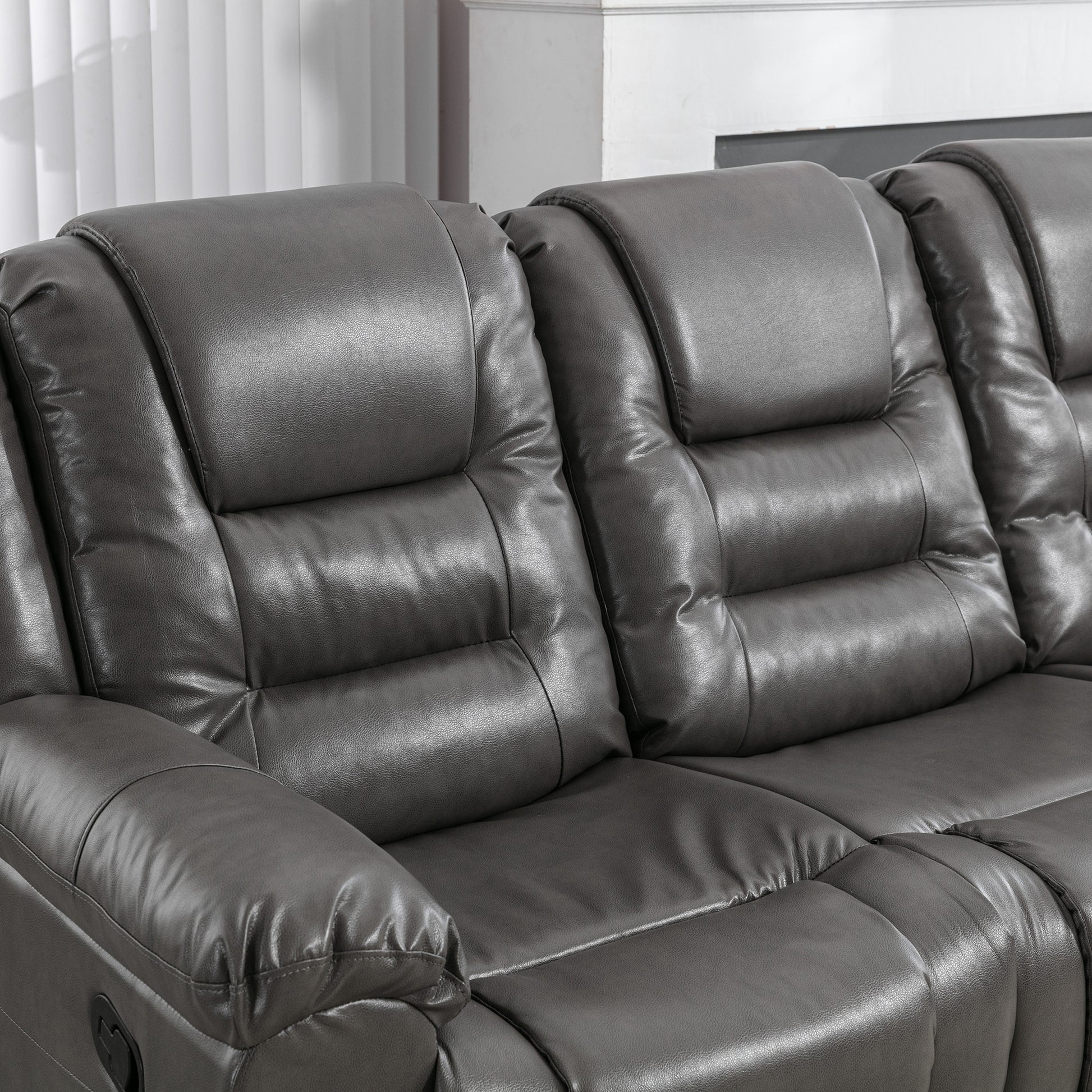 3 Seater Home Theater Recliner Manual Recliner Chair With Two Built In Cup Holders For Living Room,Bedroom, Grey Grey Foam Pu