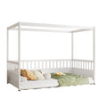 Twin Size Canopy Bed Frame With Guardrails For Kids,Floor Bed Twin With Four Poster Design,Kids Montessori Floor Bed,Wood Canopy Bed Frame For Girls,Boys Twin,White Box Spring Required Twin White