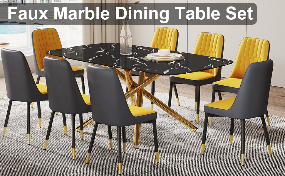 Large Modern Minimalist Rectangular Dining Table With 0.39 "Imitation Marble Black Tabletop And Golden Metal Legs, Paired With Chairs With Pu Cushions And Black Metal Legs. F 1537 C 007 Black Gold Glass Metal