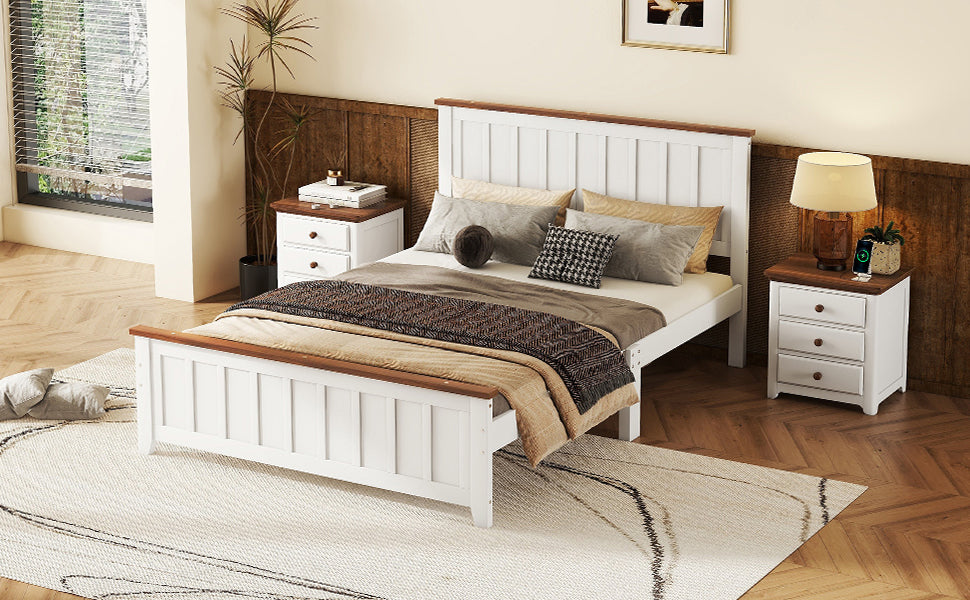 Full Size Wood Platform Bed Wooden Slat Support, Vintage Simple Bed Frame With Rectangular Headboard And Footboard, White Box Spring Not Required Full White Wood