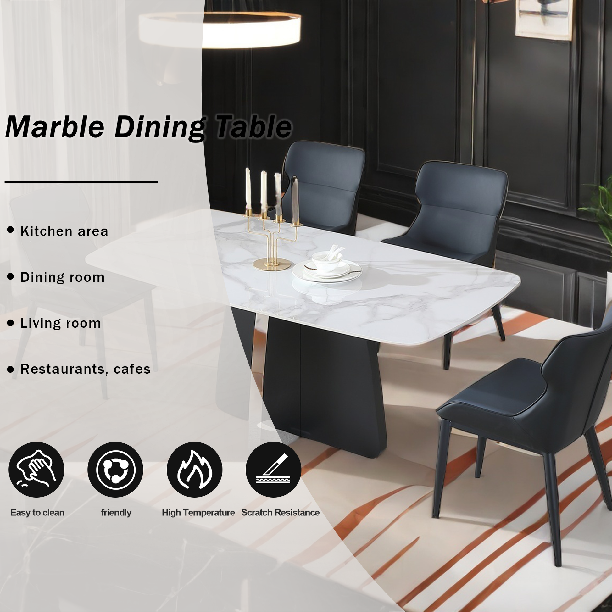 Modern Dining Table For 6, White Dining Table Sintered Stone Dining Table Top With Stainless Steel Base, 63 Inch Modern Luxury White Rectangular Dining Table Table Only White Dining Room American