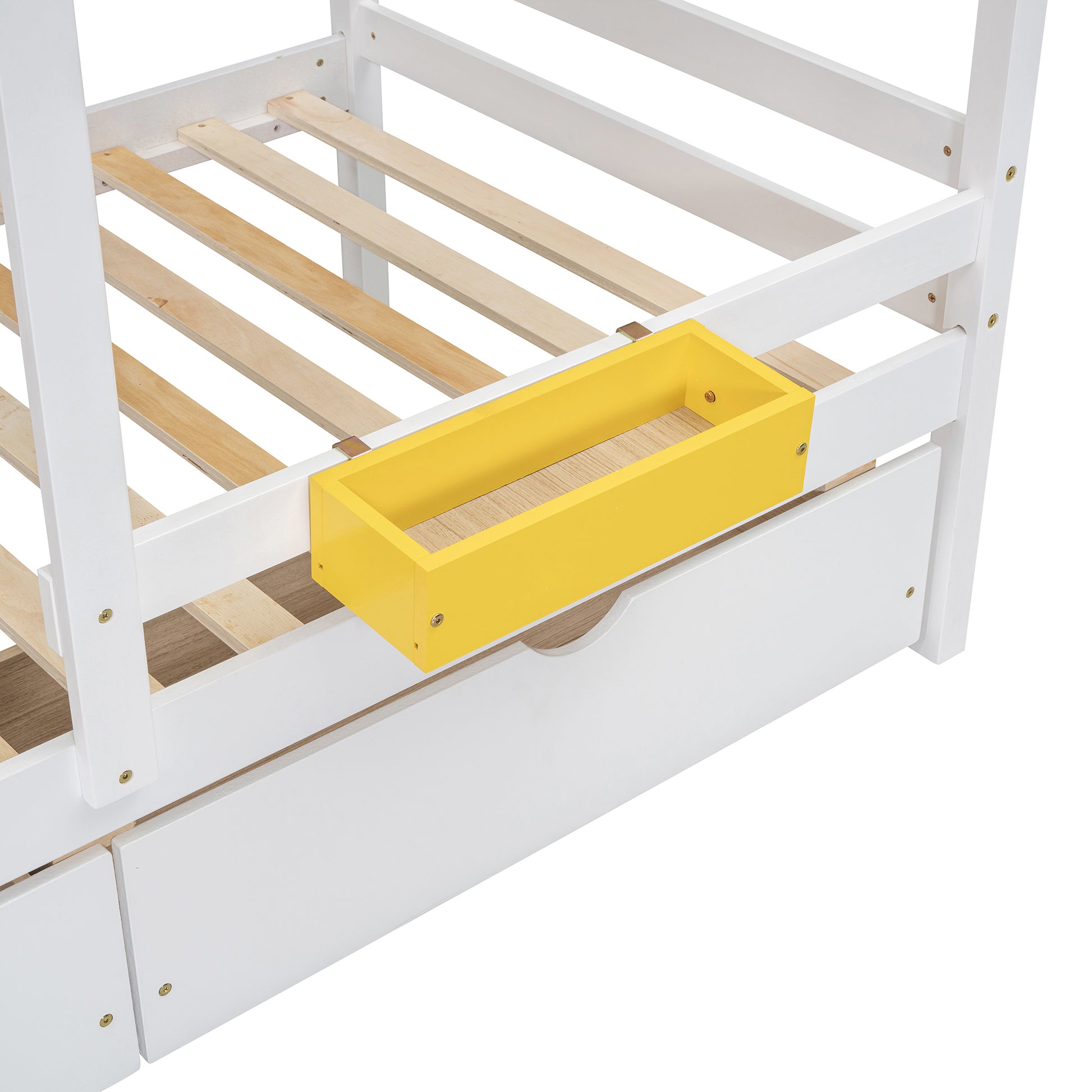 Twin Over Twin Bunk Bed With 2 Drawers, 1 Storage Box, 1 Shelf, Window And Roof White Old Sku:Lt001608Aak Twin White Solid Wood
