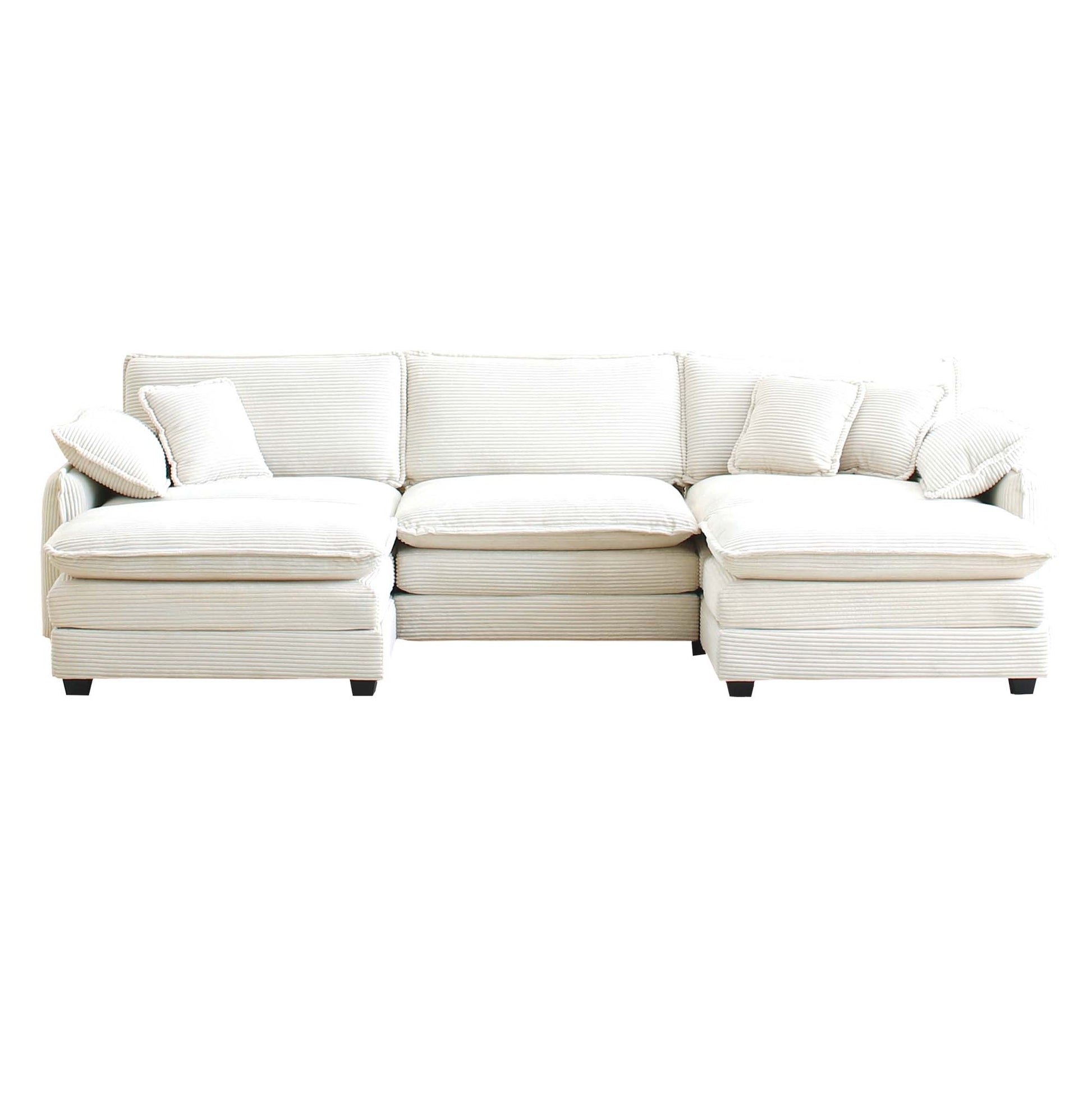 Oversized Modular Cushioned Sofa With Conversible Ottoman, 3 Seater Sofa With 2 Footstools, U Shape Sofa In Beige Corduroy Fabric Beige Corduroy 3 Seat