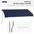 Outsunny 10' X 8' Retractable Awning, Patio Awning Sunshade Shelter With Manual Crank Handle, 280Gsm Uv Resistant Fabric And Aluminum Frame For Deck, Balcony, Yard, Blue Blue Polyester