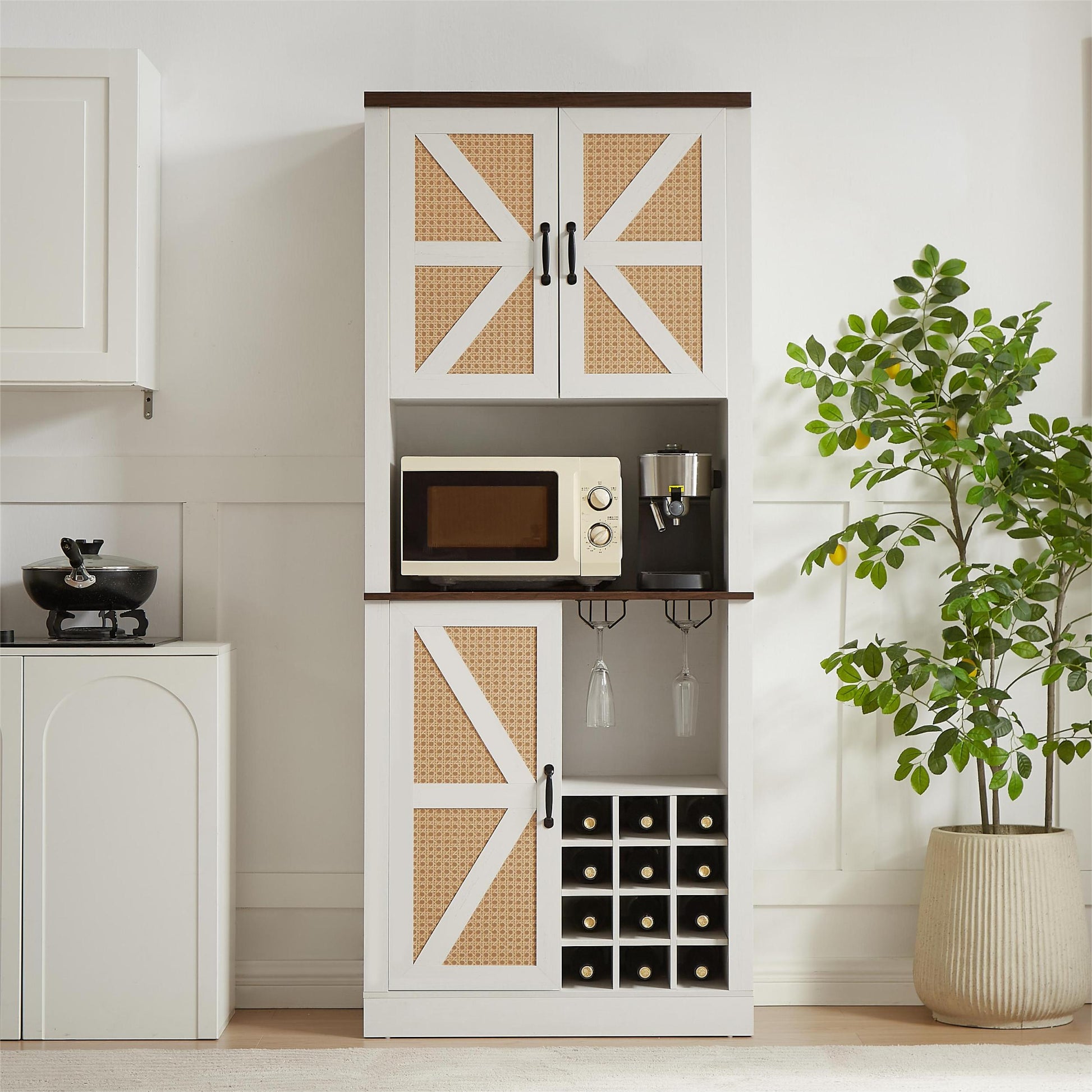 76 Inch Tall Farmhouse Kitchen Faux Rattan Wine Cabinet, Kitchen Bar Cabinet With Square Compartments And Shelves, Large Wooden Faux Rattan Storage Cabinet With Barn Doors And Microwave Shelves White Walnut Particle Board Mdf