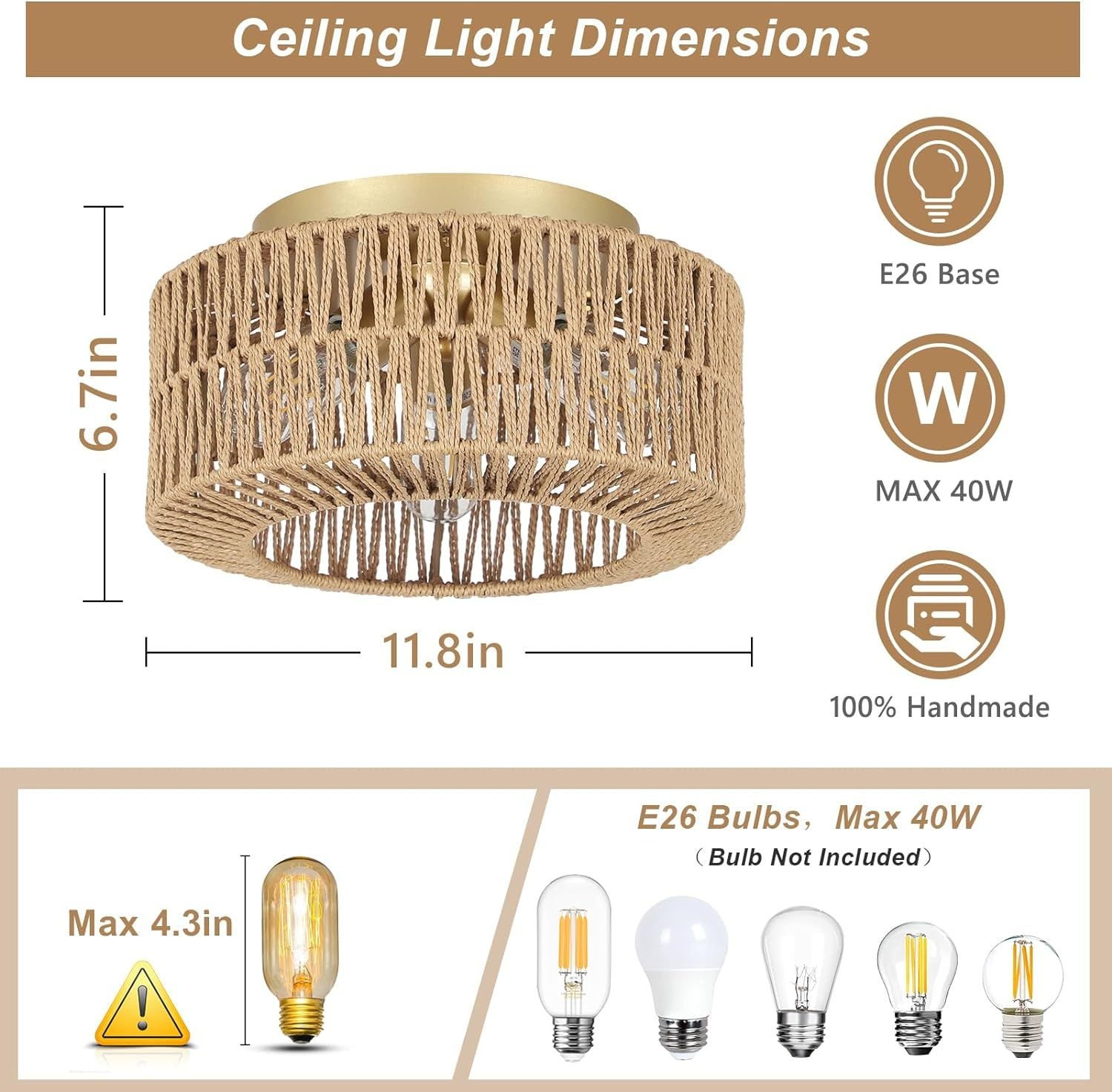 3 Light Farmhouse Rattan Ceiling Light Brown Rattan Metal