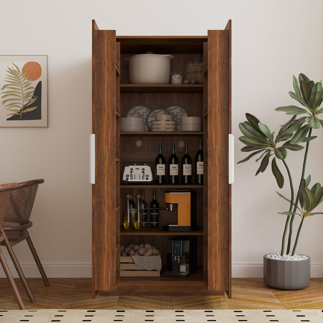 62.99In Kitchen Pantry Cabinet, Walnut Freestanding Buffet Cupboards Sideboard With Doors & Shelves, Kitchen Pantry Storage Cabinet For Kitchen, Living Room And Dinning Room Walnut Mdf